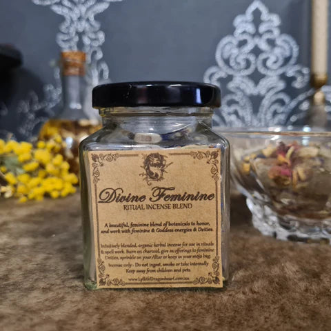 Divine Feminine Incense Blend in a glass jar