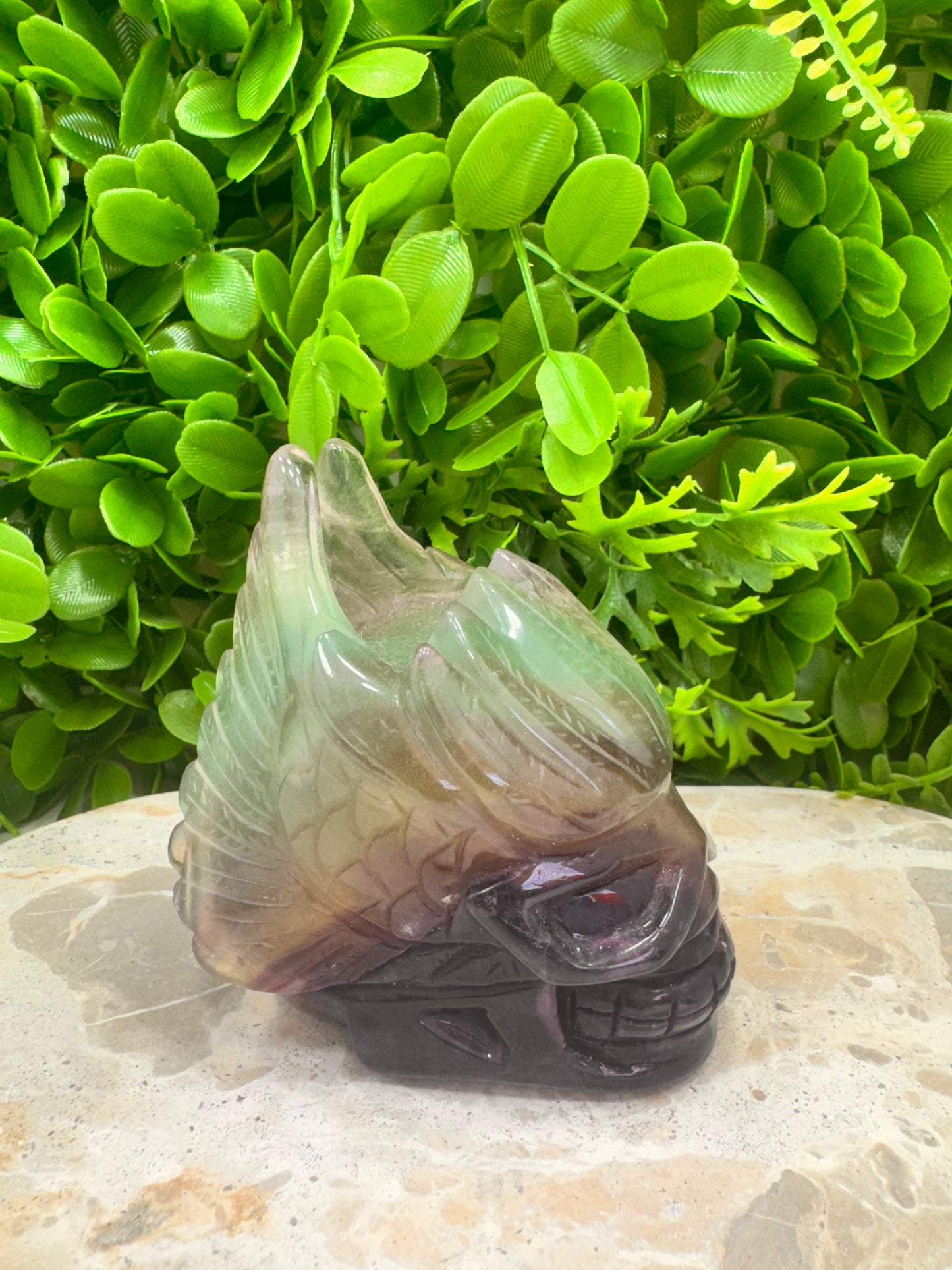 Rainbow Fluorite Winged Skull 836g