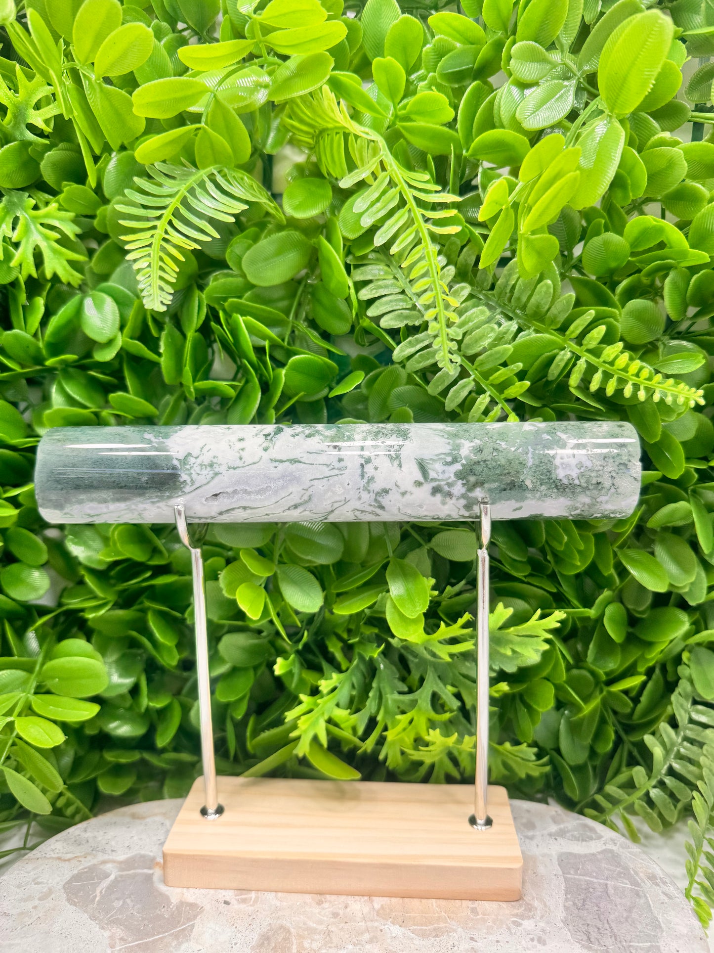 Moss Agate Cylinder & Stand 528g