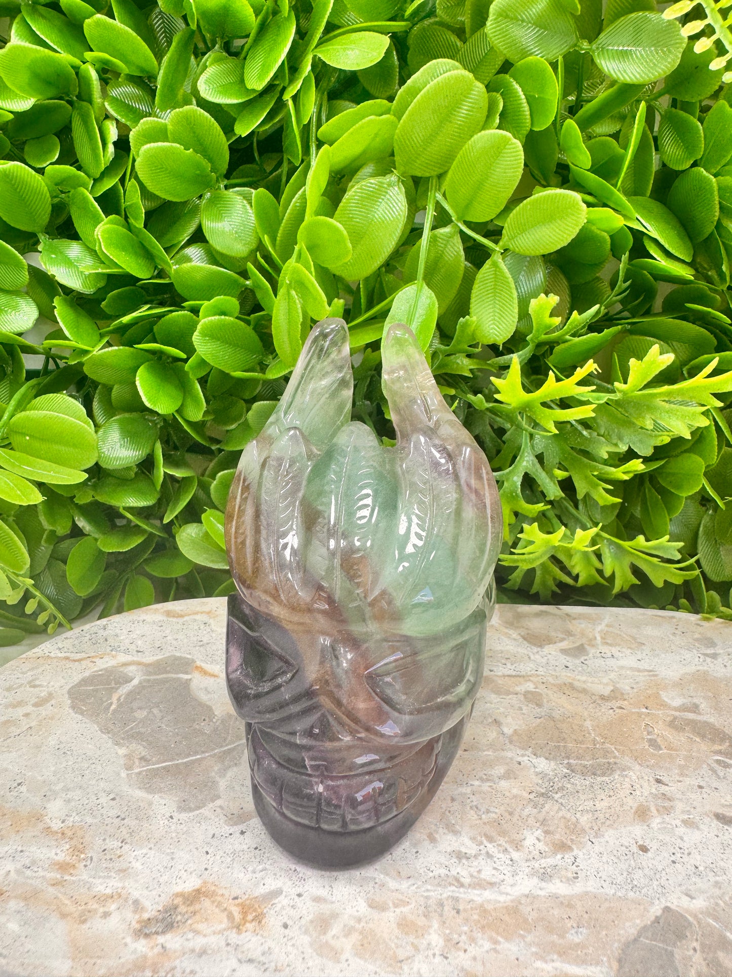 Rainbow Fluorite Winged Skull 836g