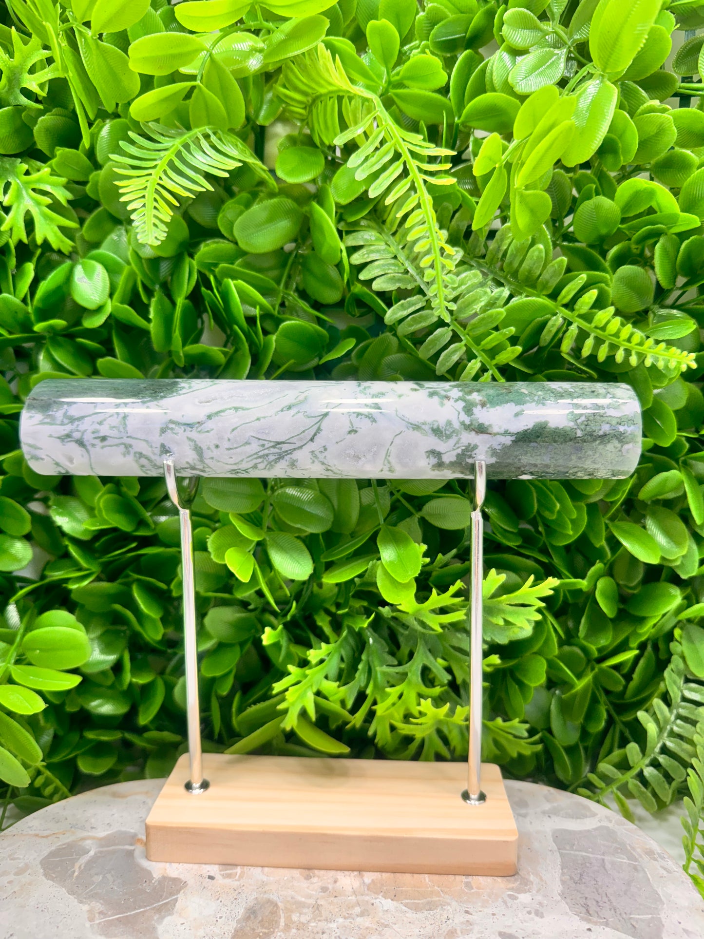 Moss Agate Cylinder & Stand 528g