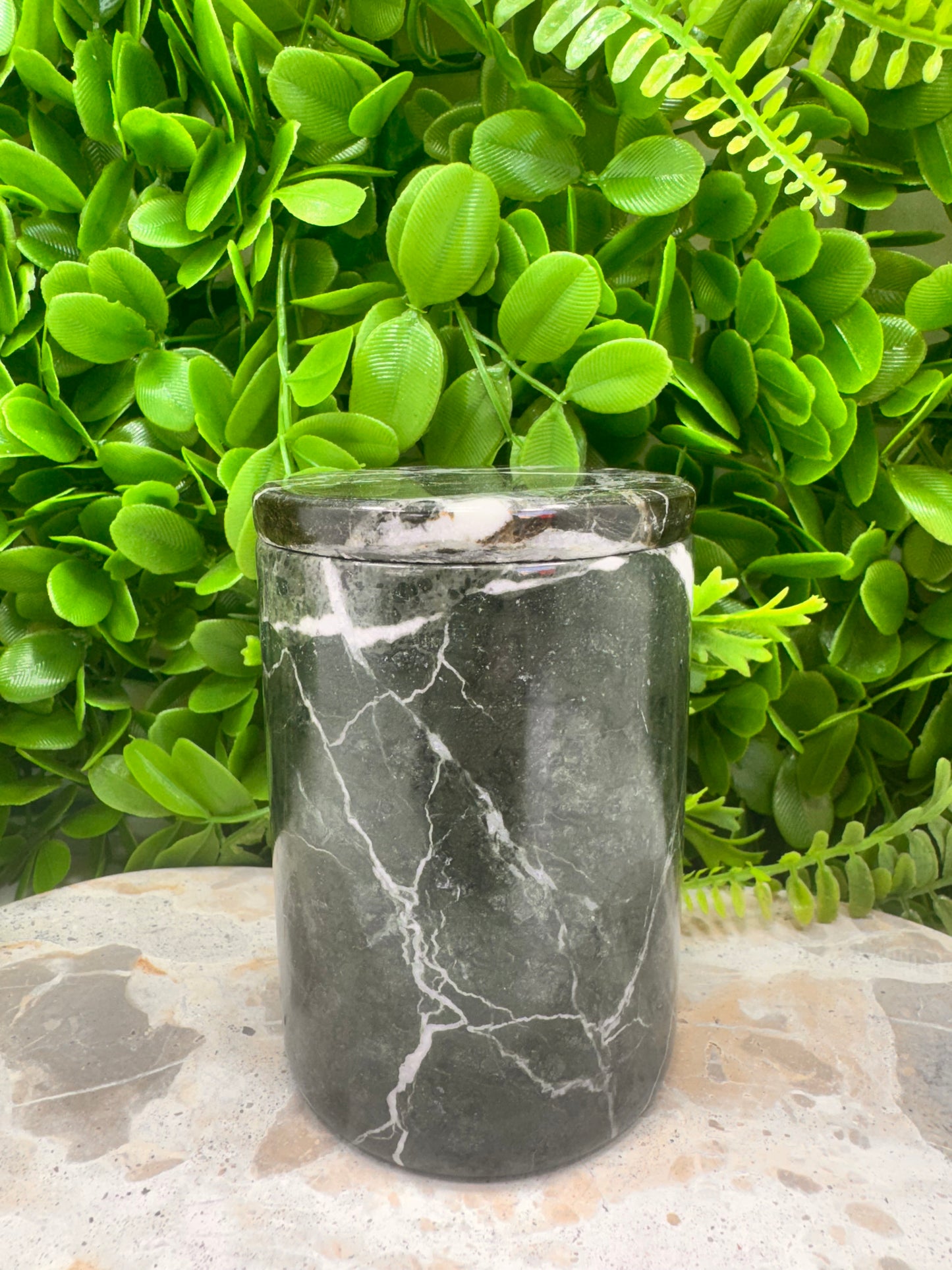 Black Zebra Jasper Jar with lid 620g