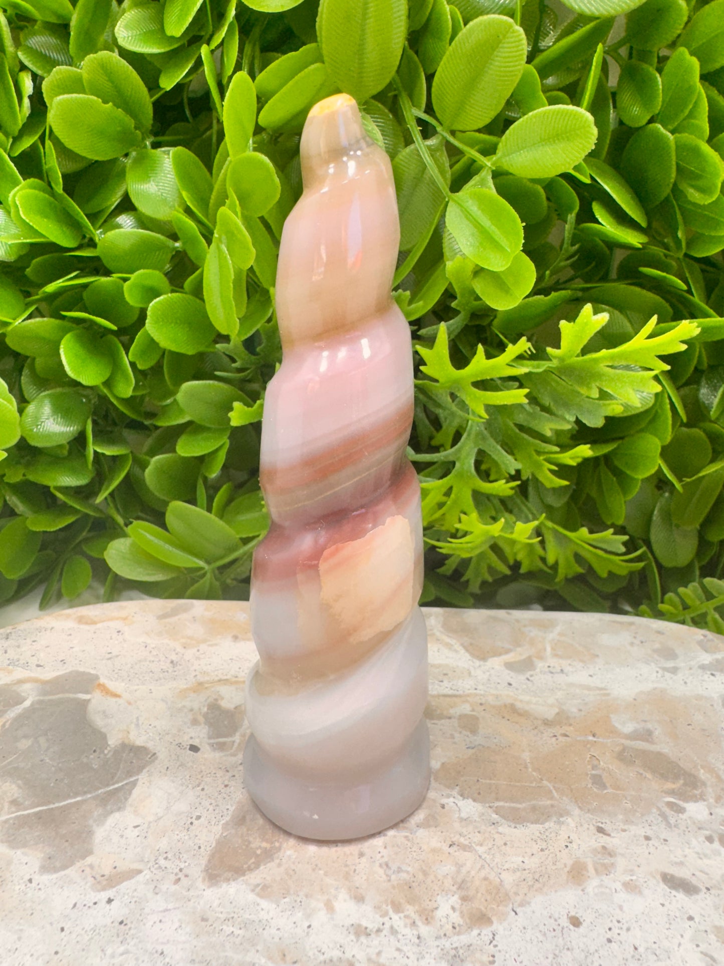 Pink Pistachio Calcite Unicorn Tower 244g