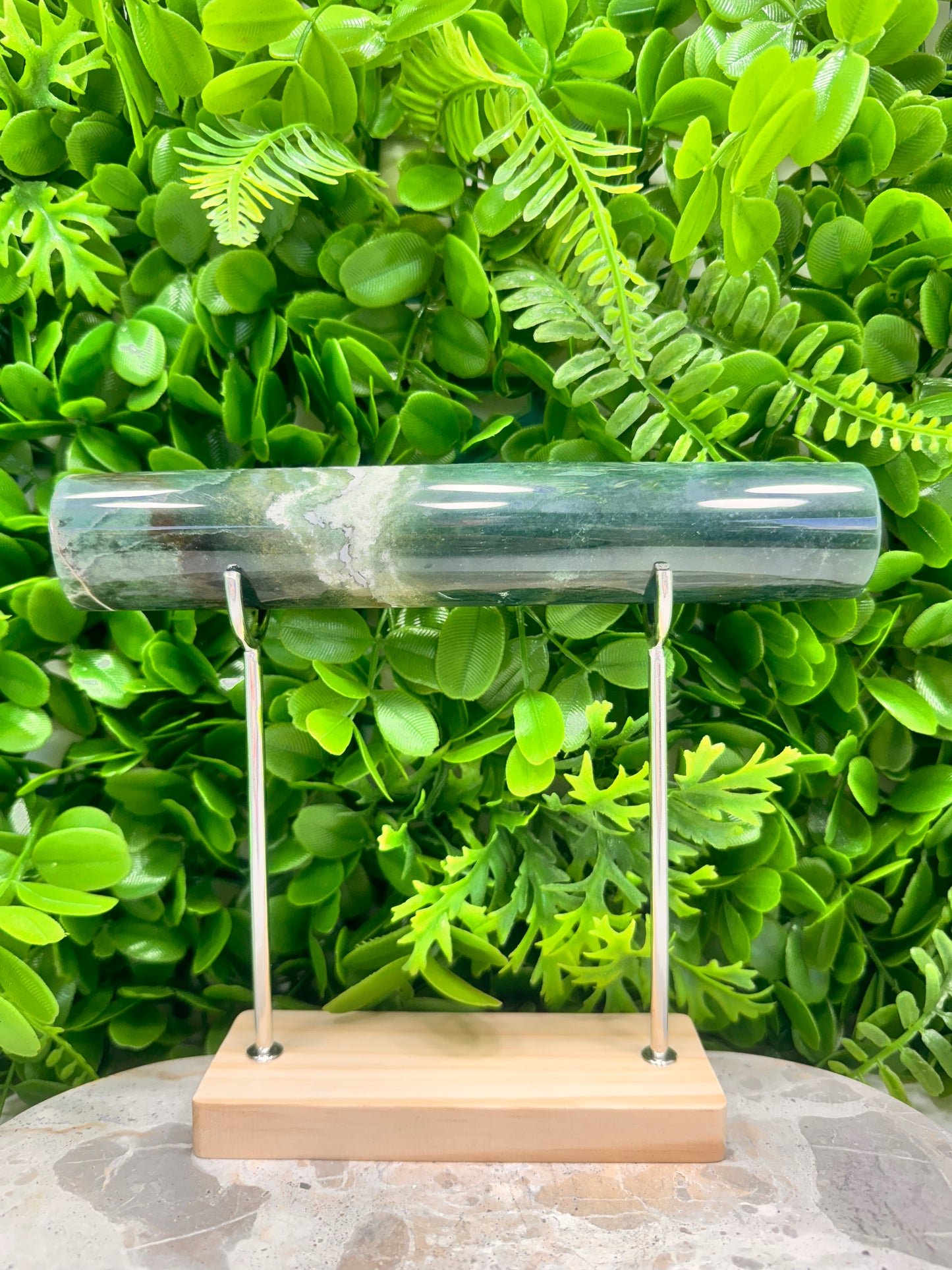 Moss Agate Cylinder & Stand 536g