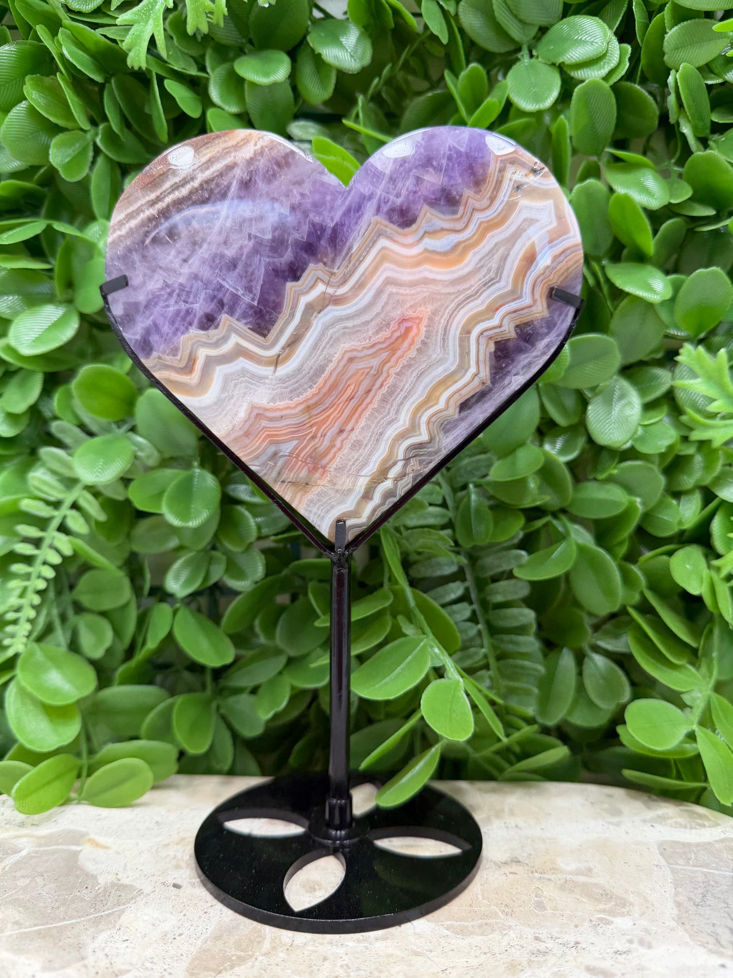 Amethyst Mexican Agate Heart with Stand 420g