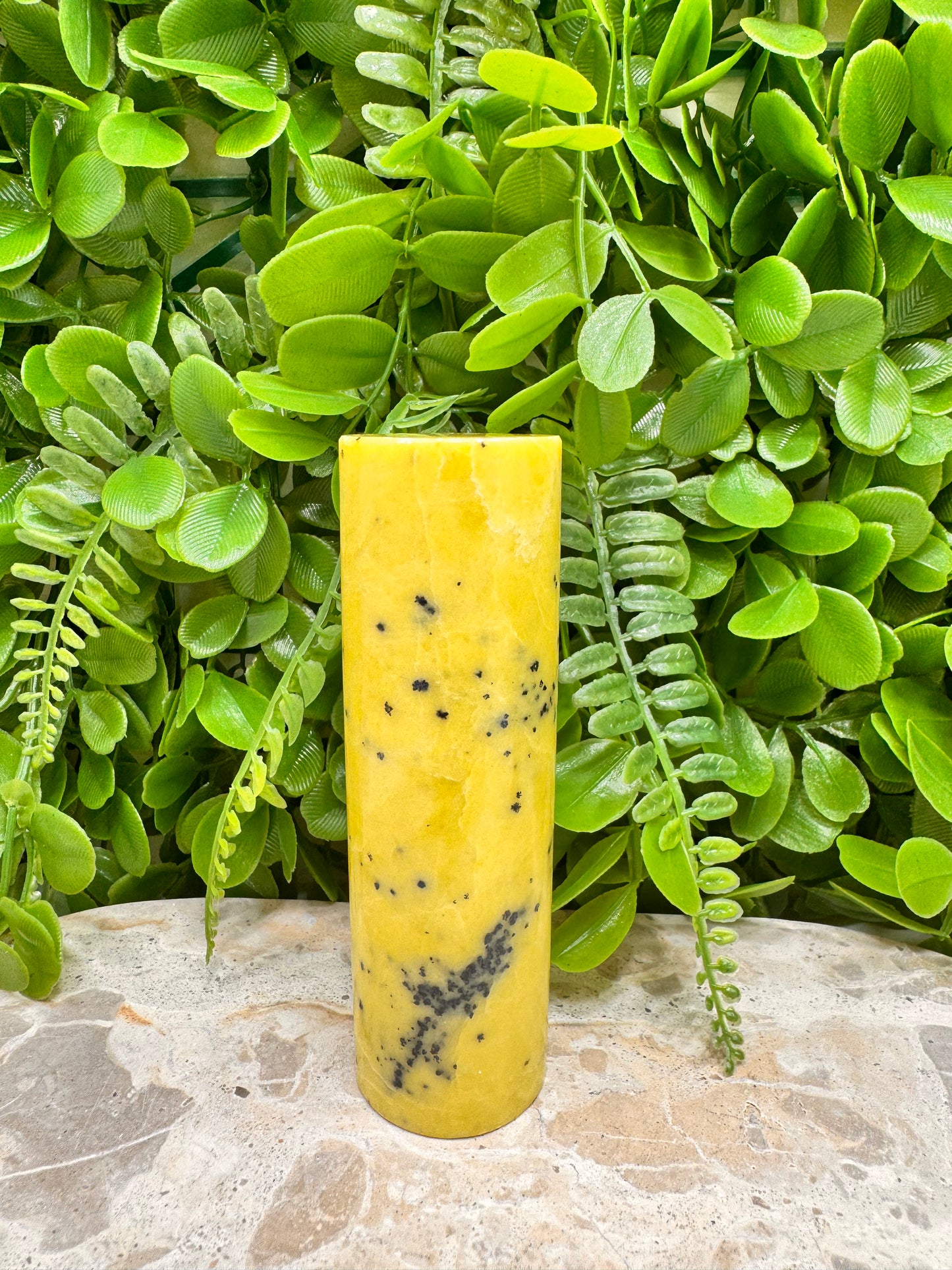 Yellow Jade with Hematite Cylinder 306g
