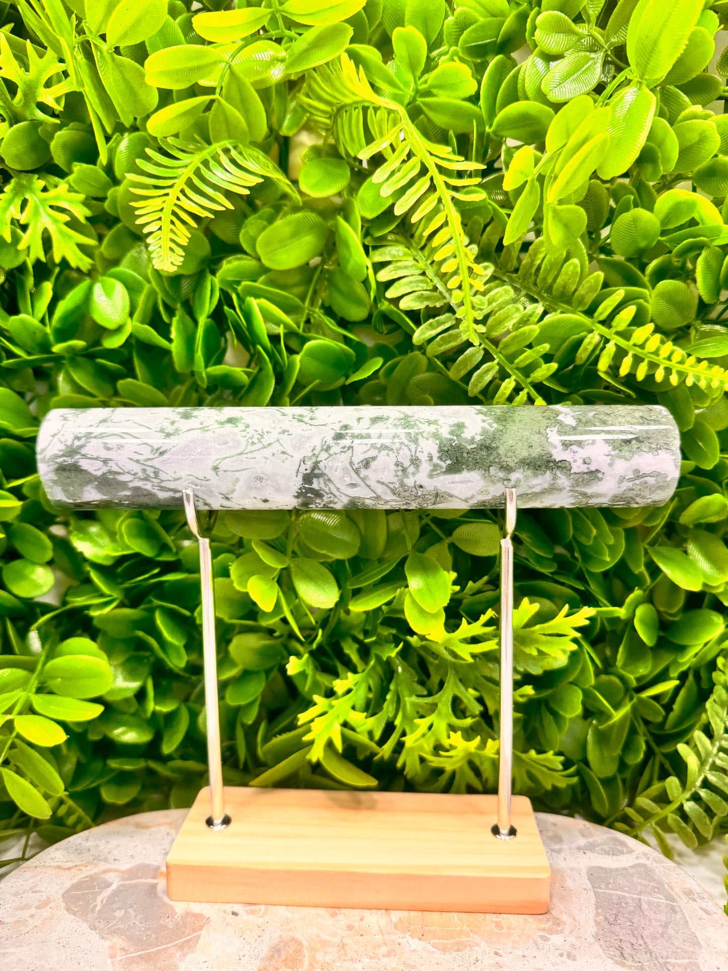 Moss Agate Cylinder & Stand 528g