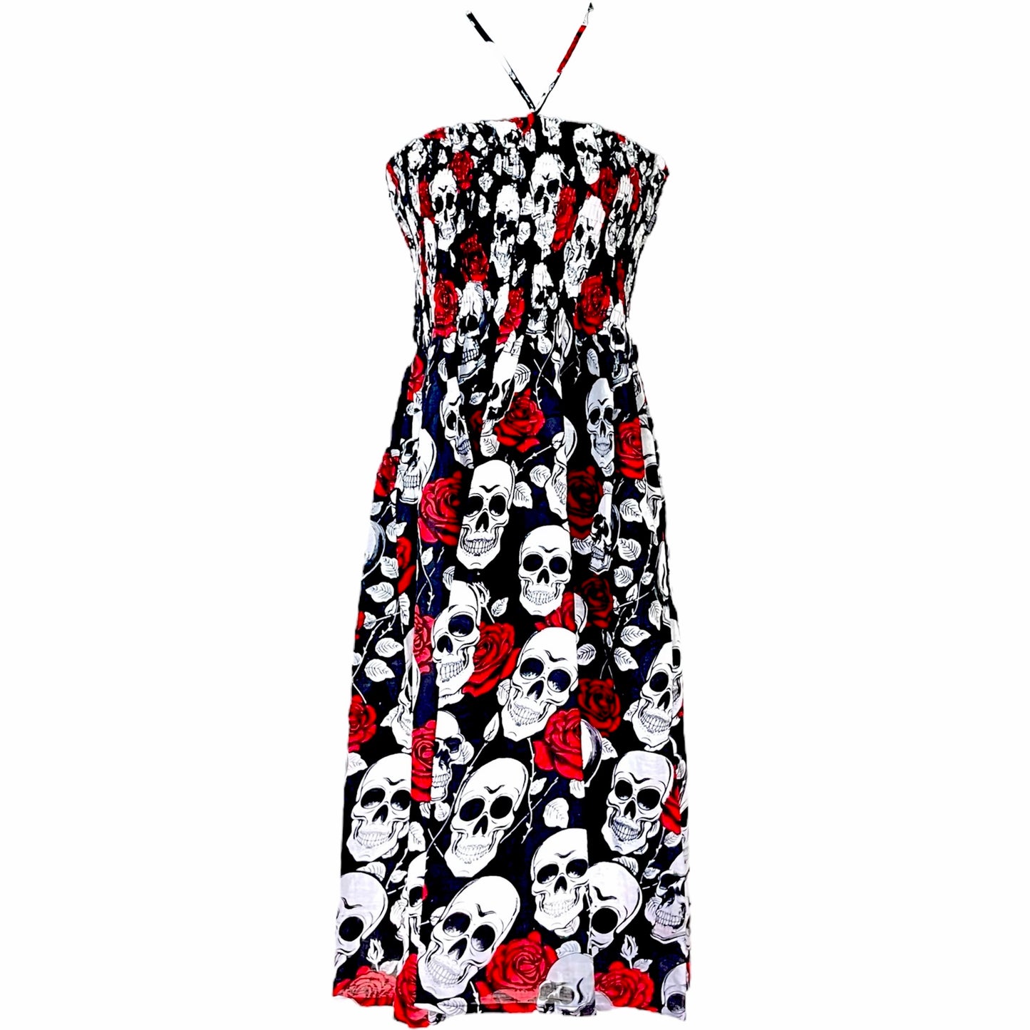 Skull & Roses Printed Cotton Tie-Up Shearing Elastic Dress