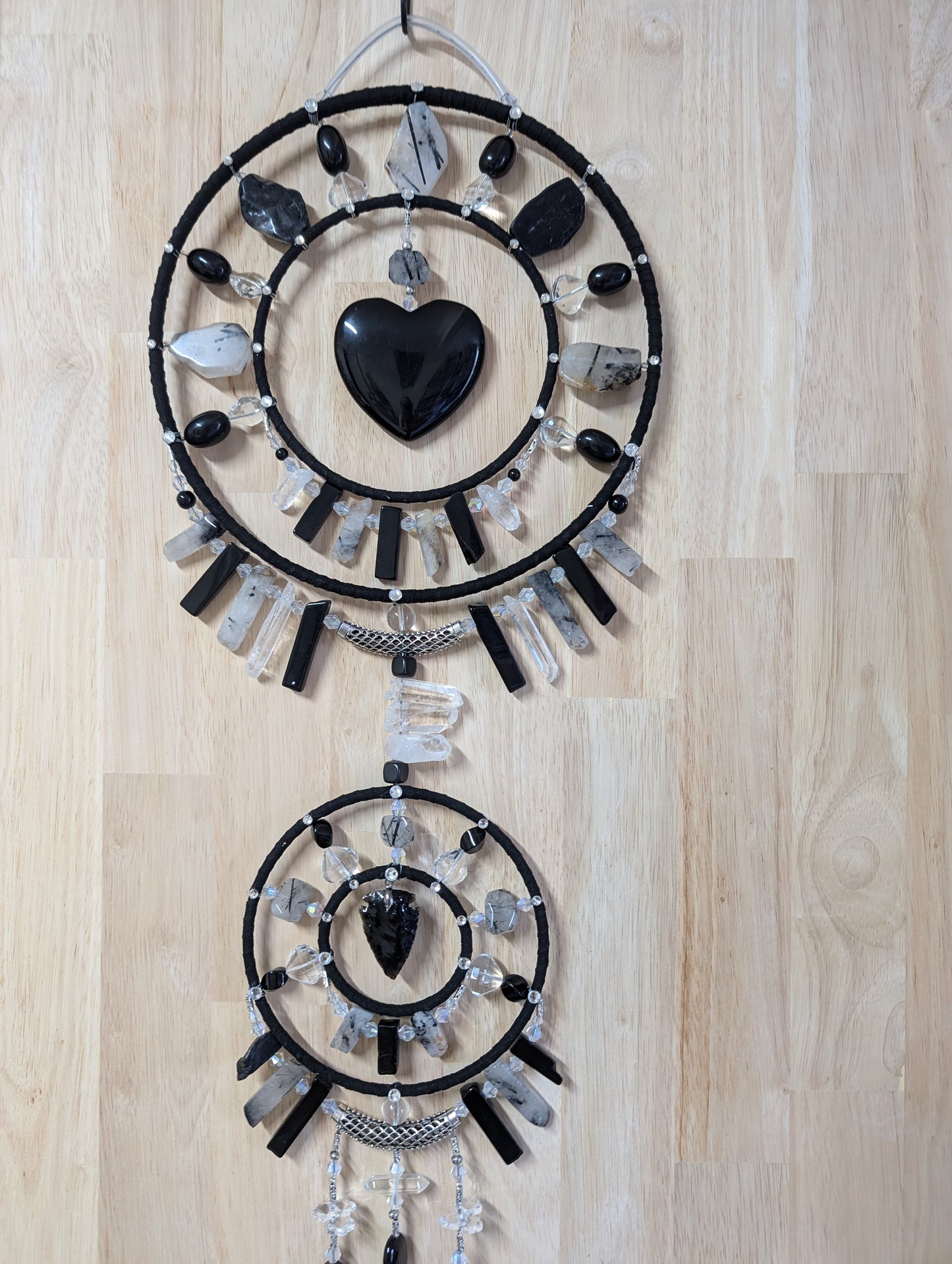 XXL Obsidian Heart / Arrow/ Tourmaline / Clear Quartz Mandala Hanger app 60cm