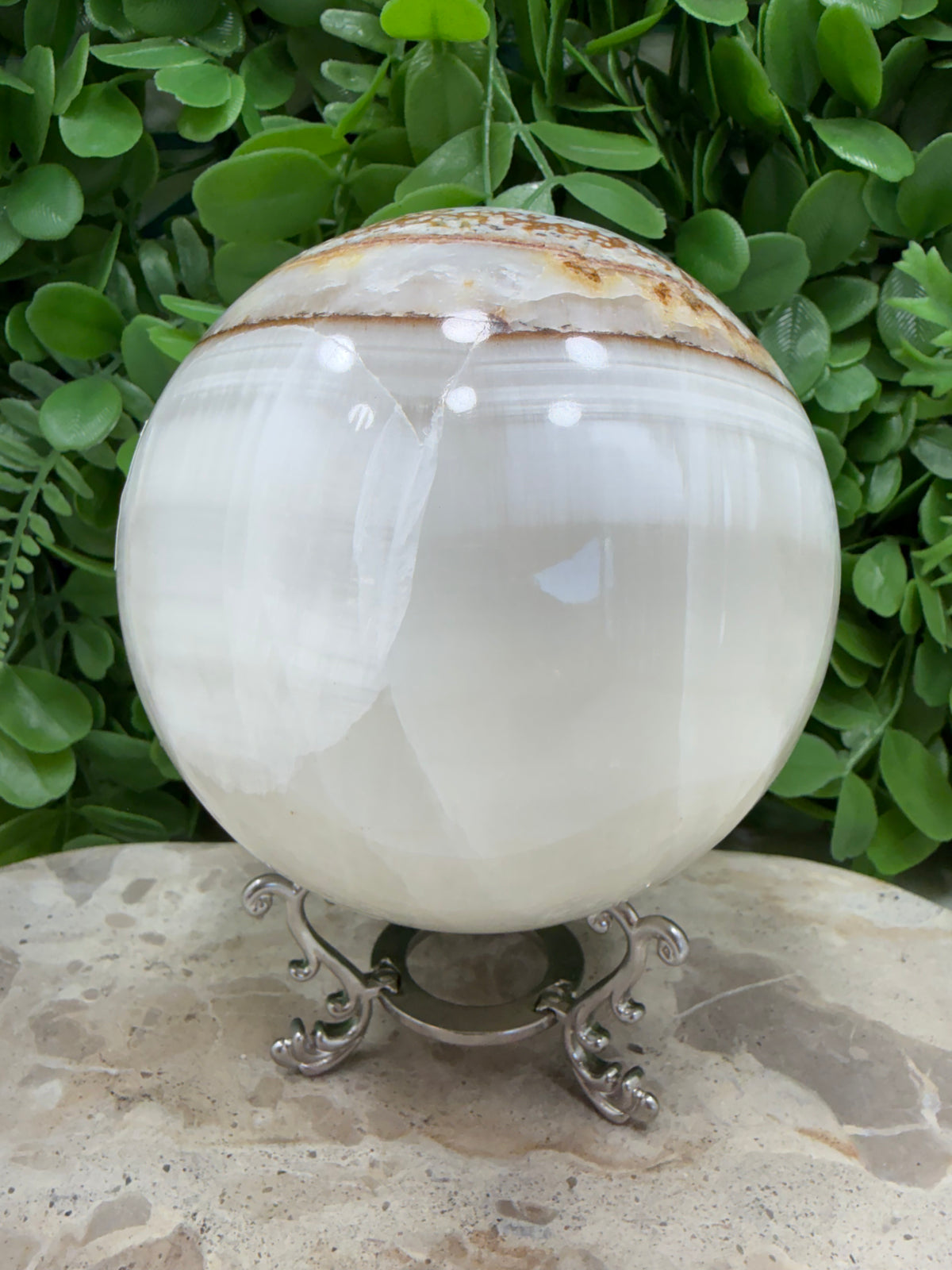 Dendritic Silky White Calcite Sphere 1980g | Calm • Clarity • Balance