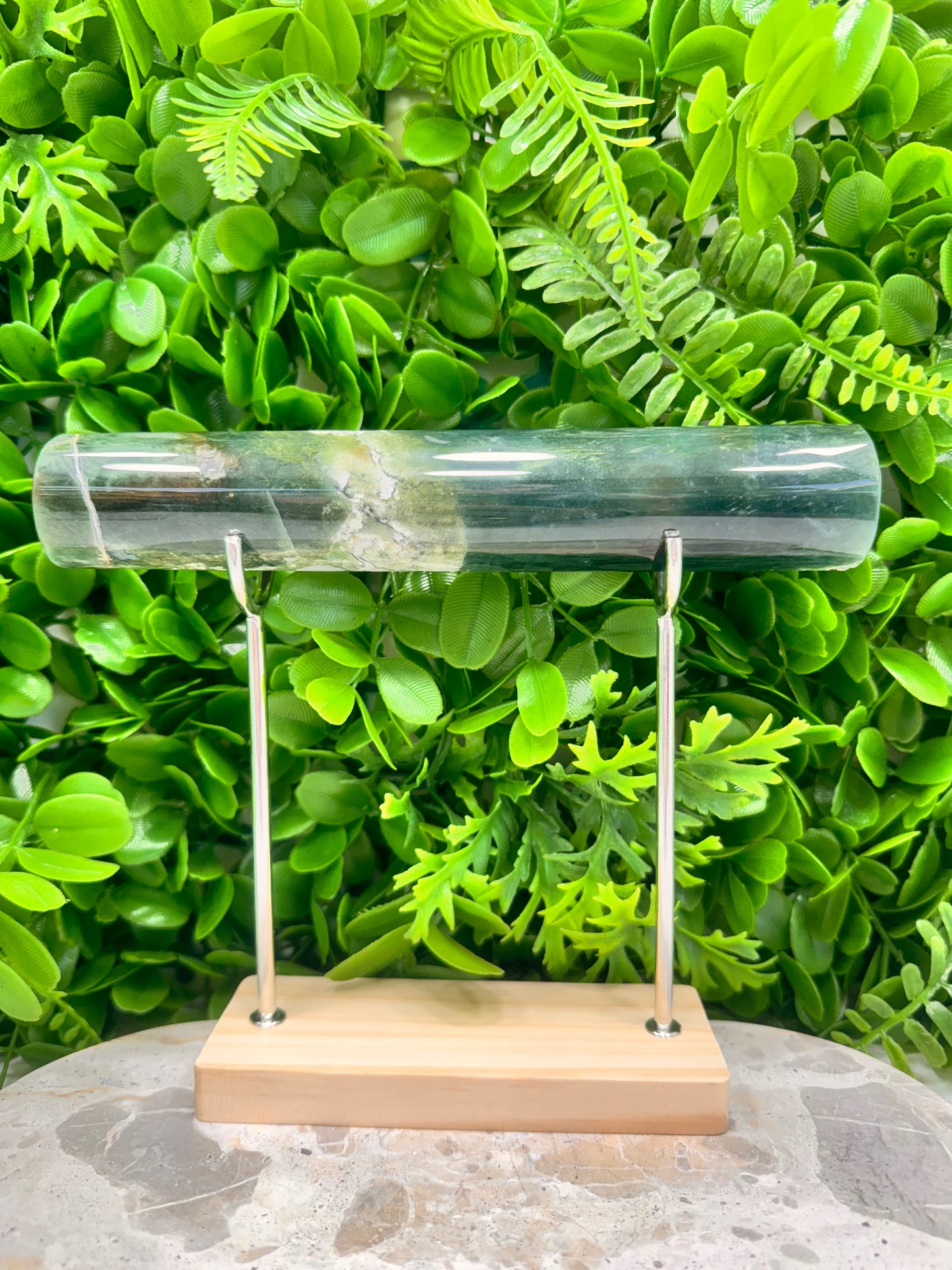 Moss Agate Cylinder & Stand 536g