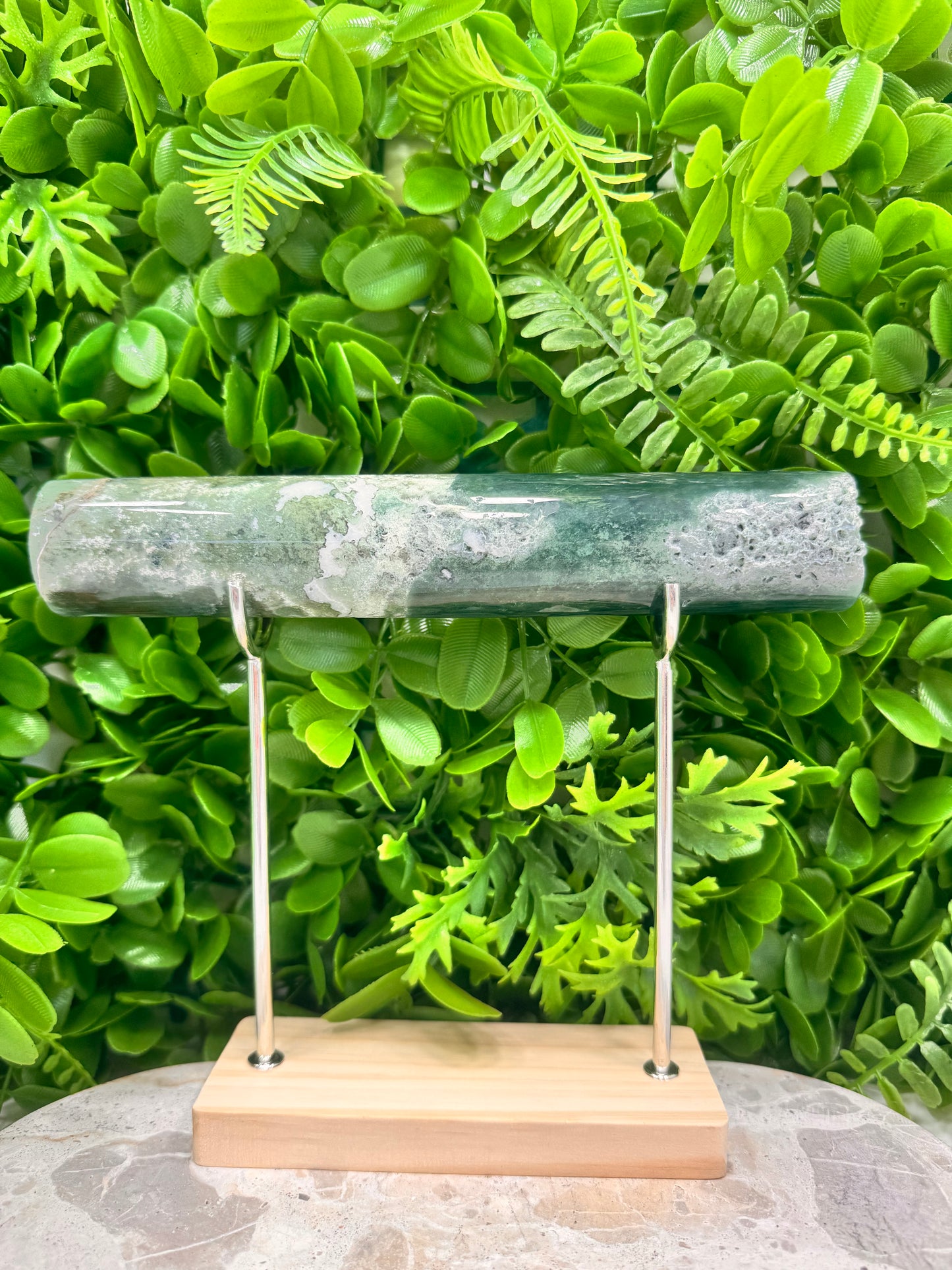 Moss Agate Cylinder & Stand 536g