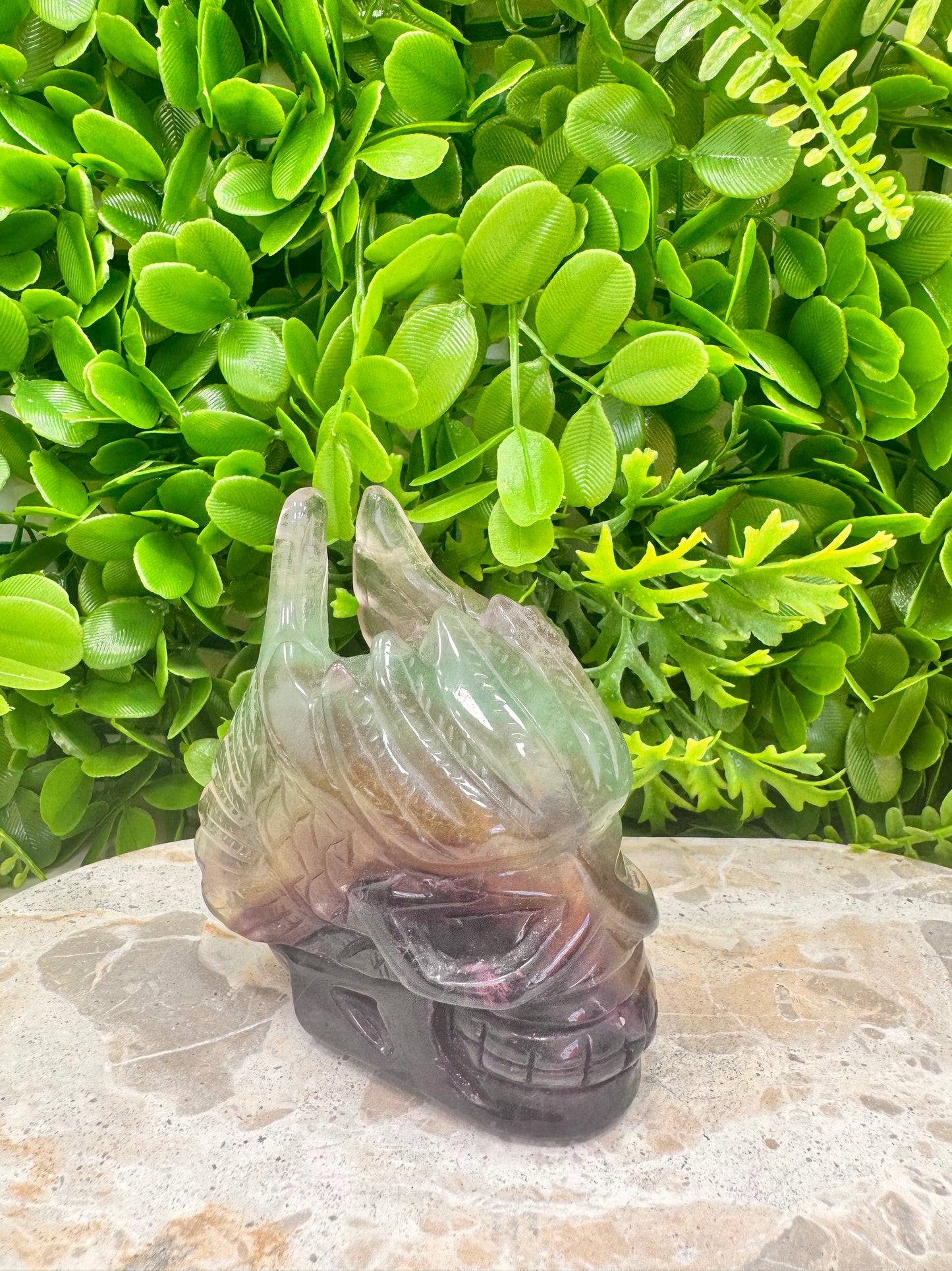 Rainbow Fluorite Winged Skull 836g