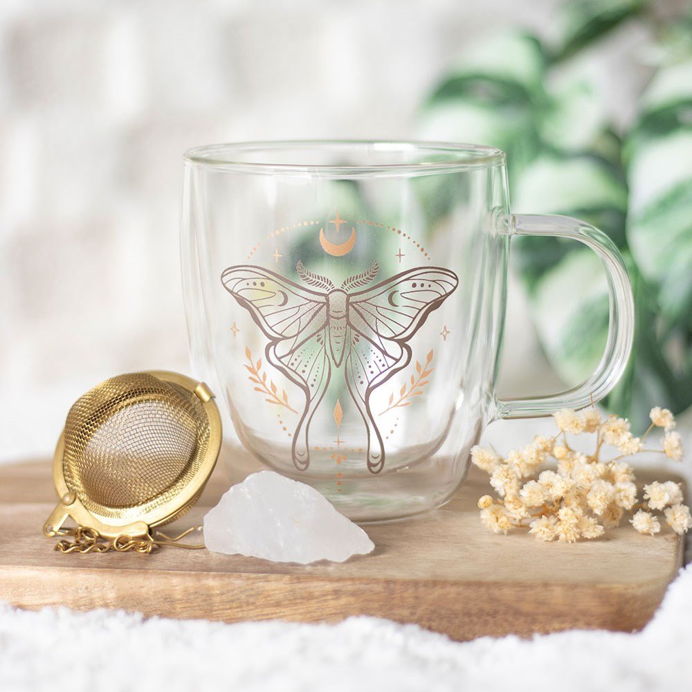 Luna Moth Double Walled Glass Mug and Crystal Tea Infuser