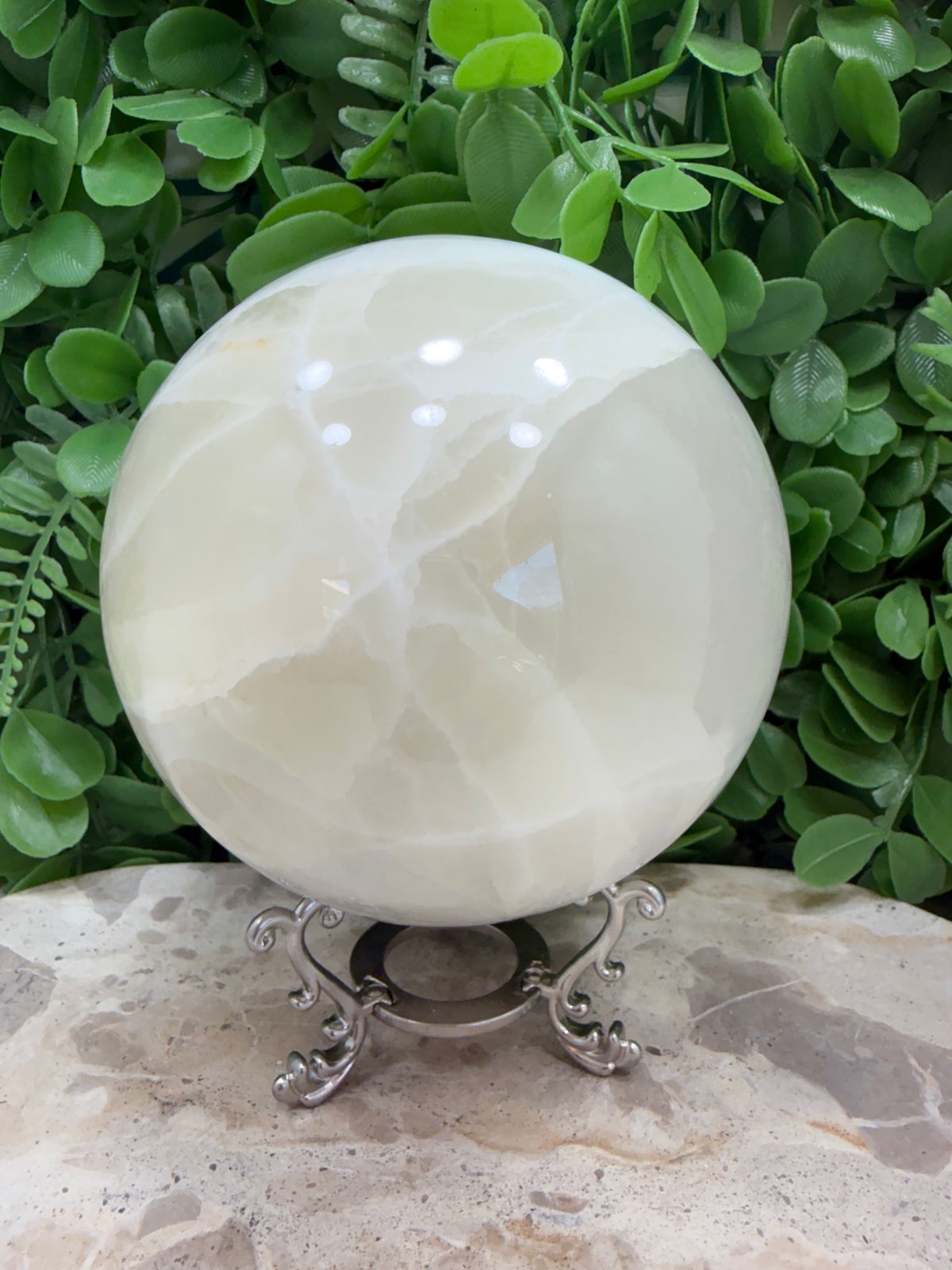 Dendritic Silky White Calcite Sphere 2246g | Calm • Clarity • Balance