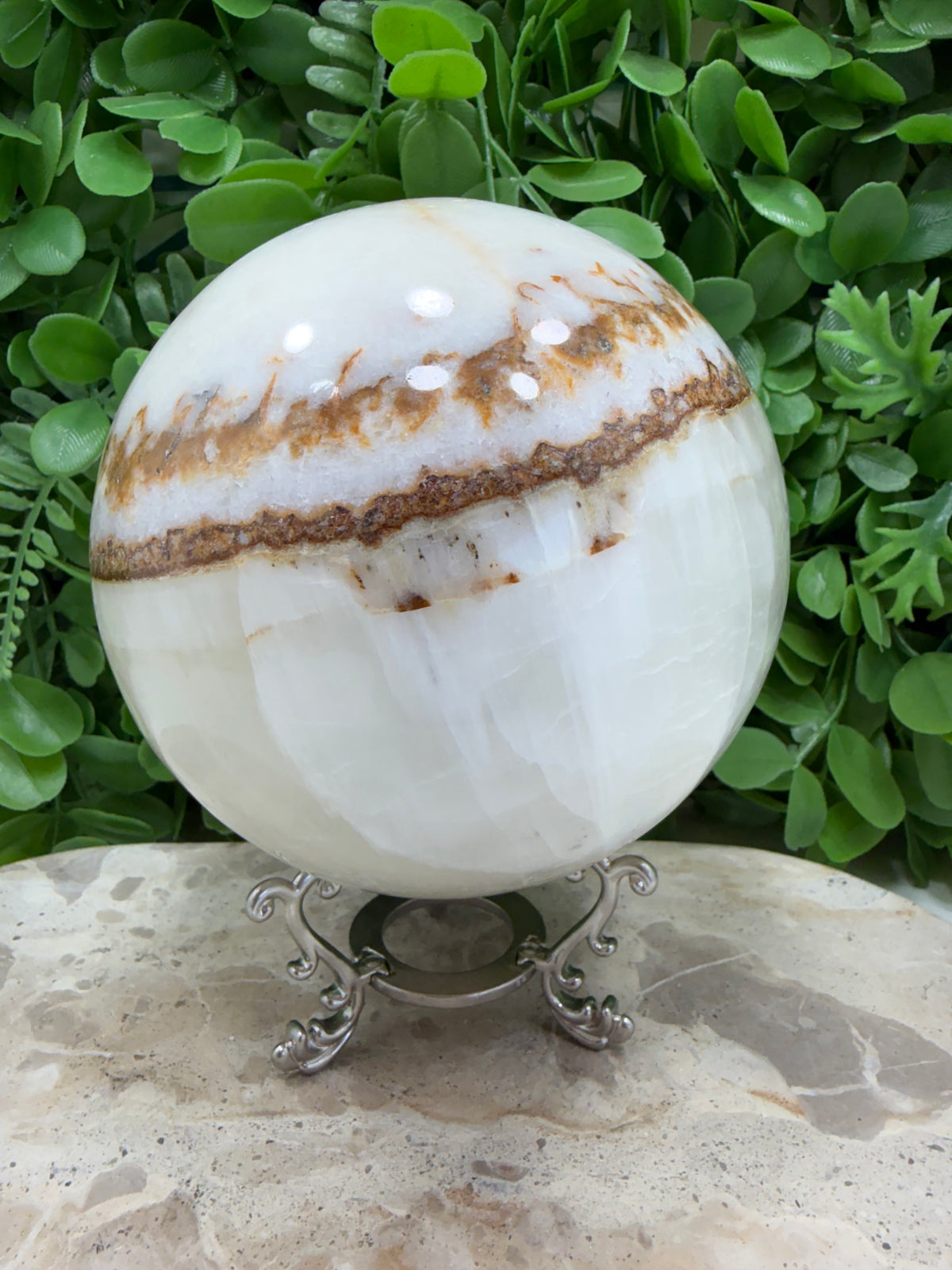 Dendritic Silky White Calcite Sphere 2472g | Calm • Clarity • Balance