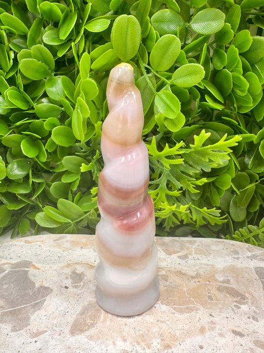 Pink Pistachio Calcite Unicorn Tower 244g
