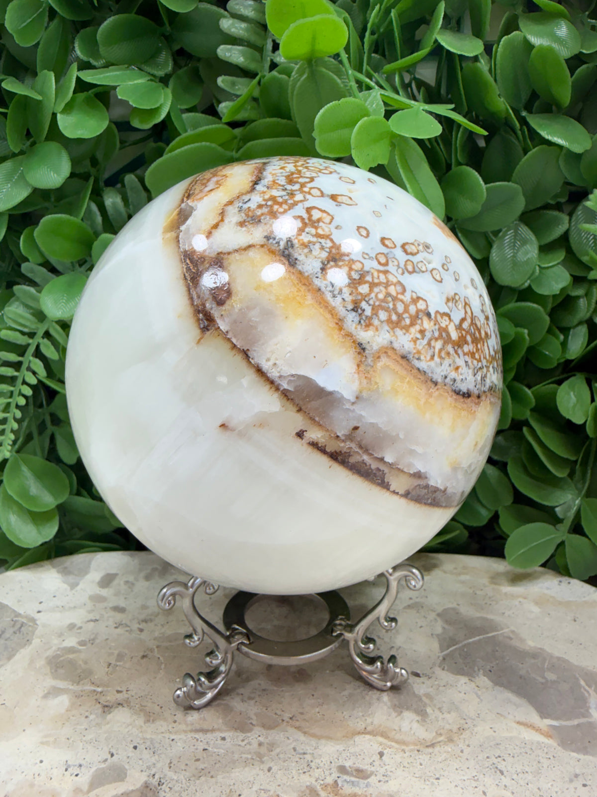 Dendritic Silky White Calcite Sphere 2246g | Calm • Clarity • Balance