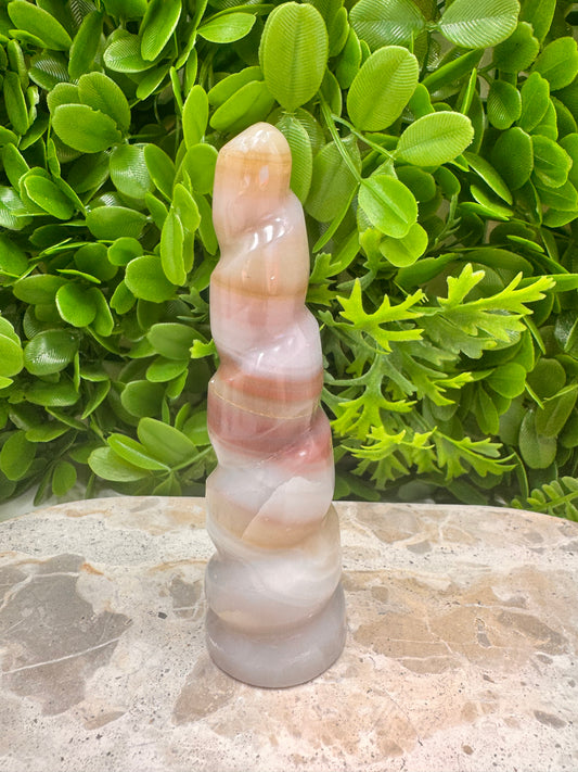 Pink Pistachio Calcite Unicorn Tower 238g