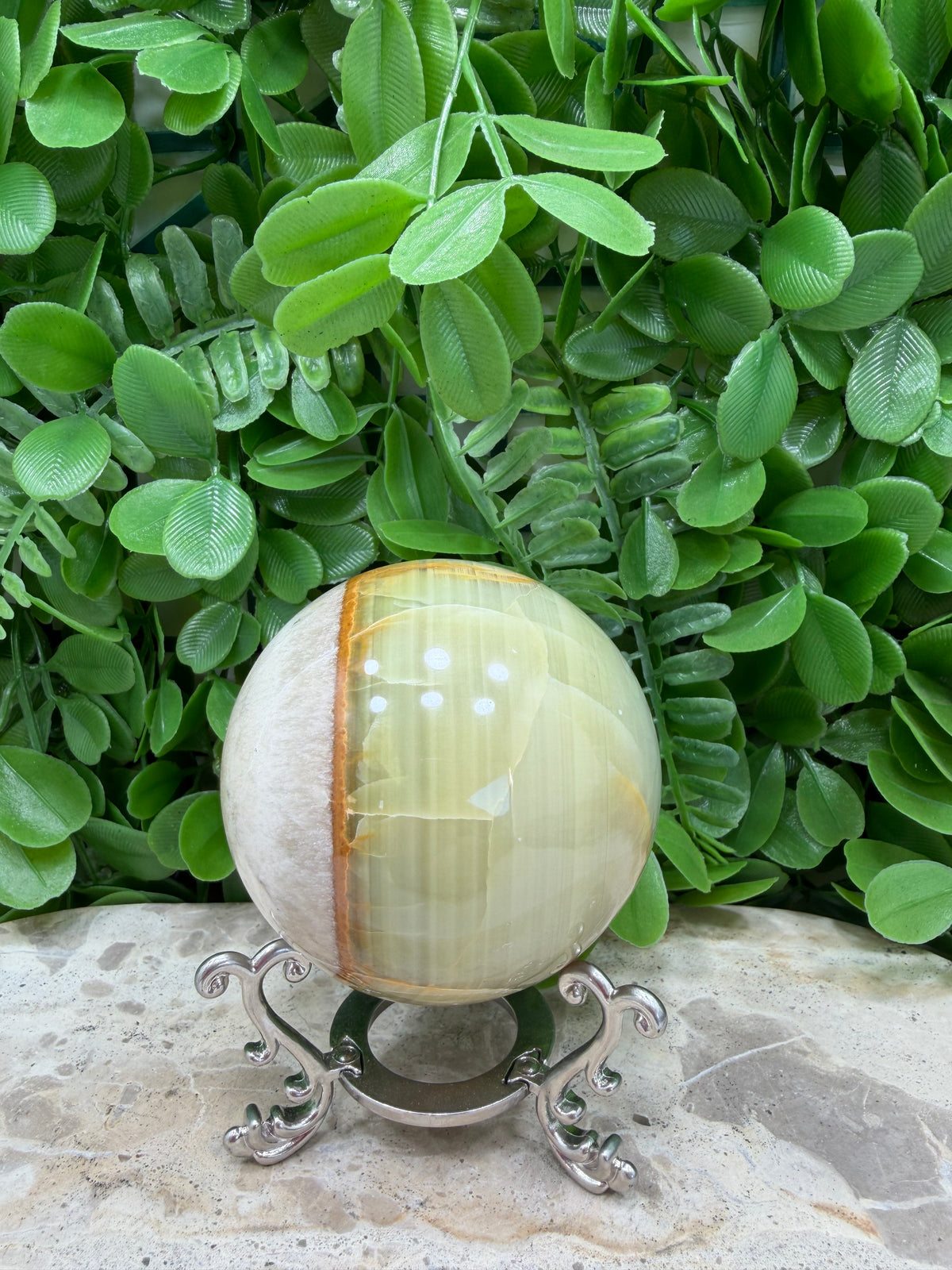 Green Onyx with White Calcite Sphere 456g