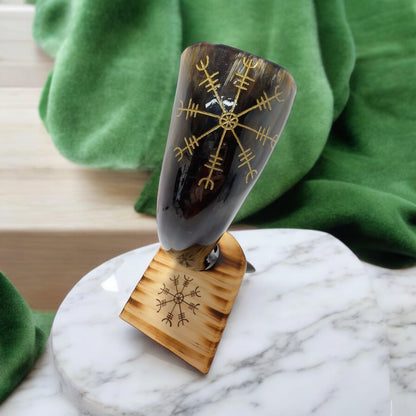 Pagan Compass [vegvisir Drinking Horn with Wooden Stand 300g