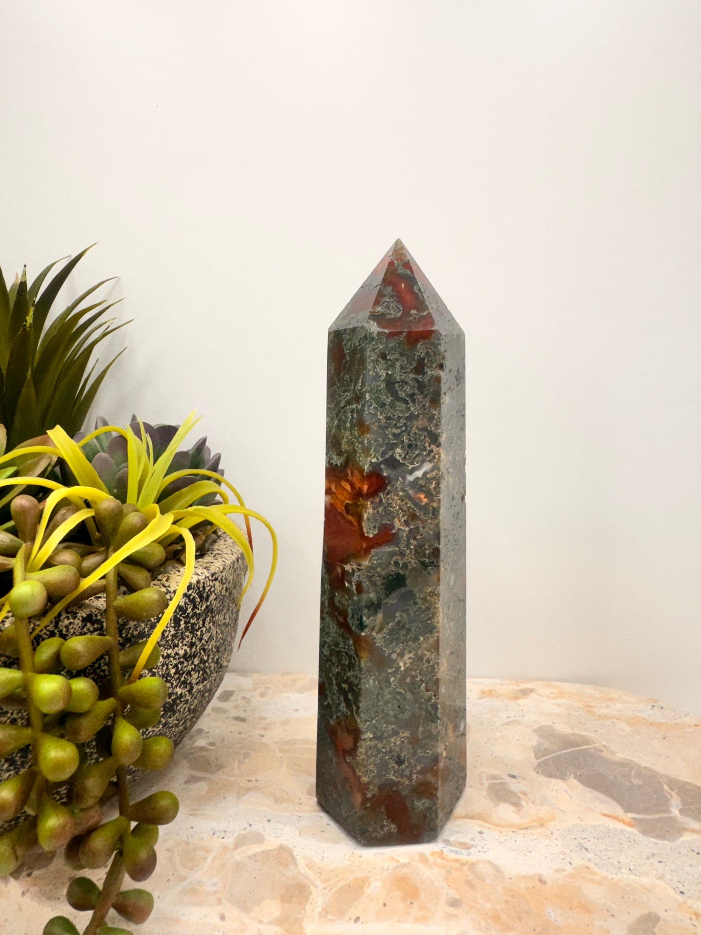 Moss Agate with Carnelian Tower 510g