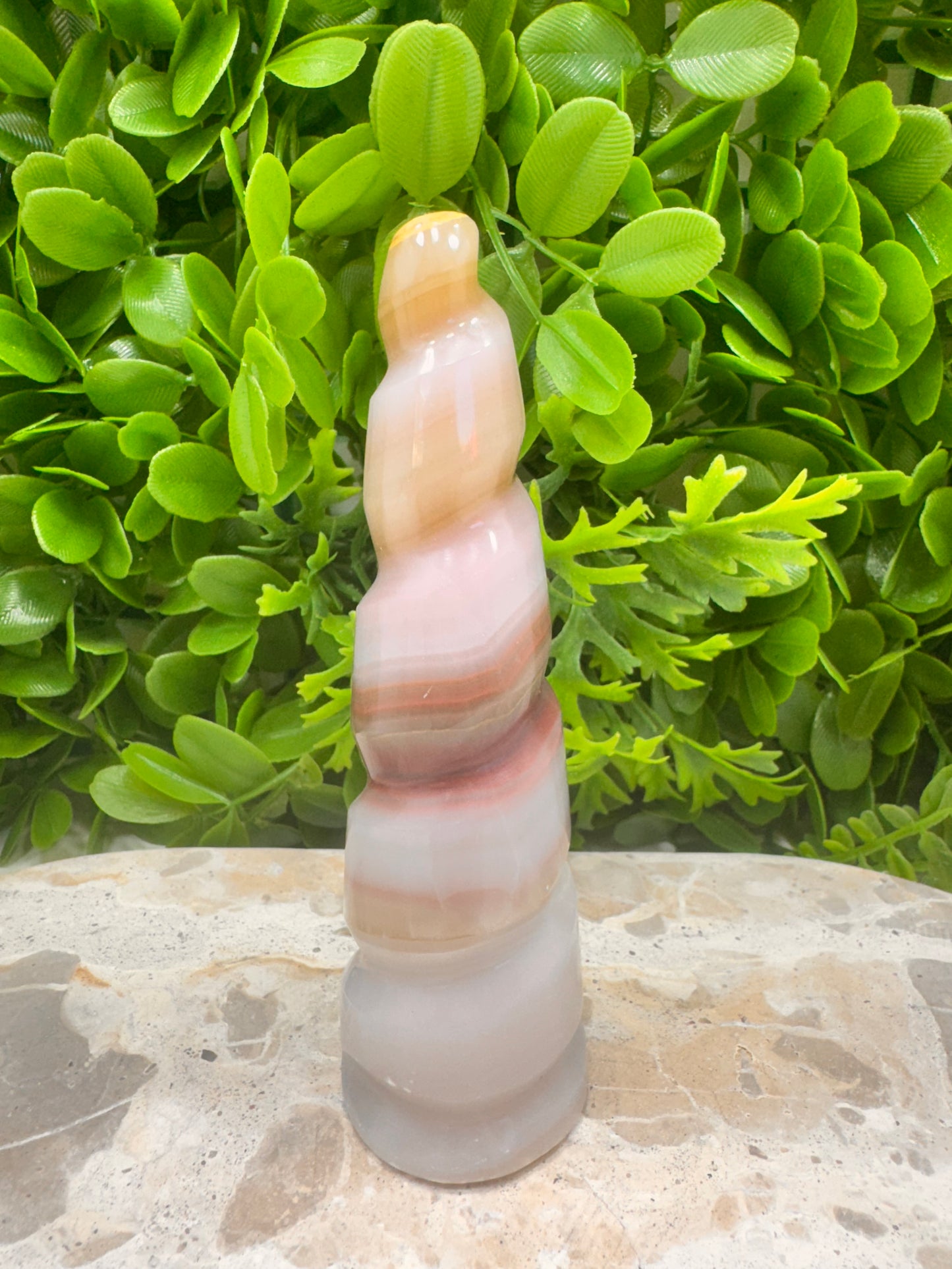 Pink Pistachio Calcite Unicorn Tower 236g