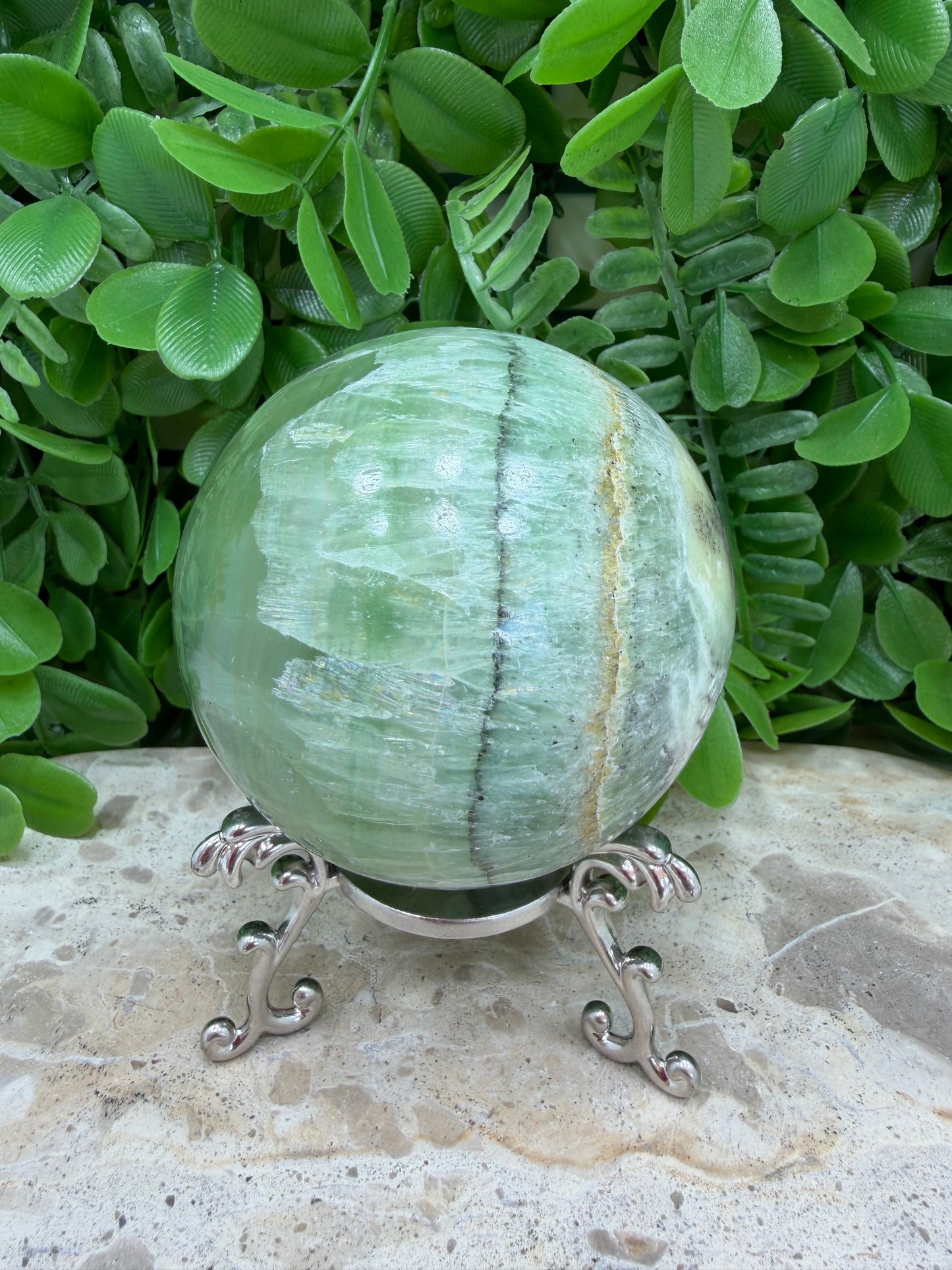 Emerald Kiwi Calcite Sphere 594g