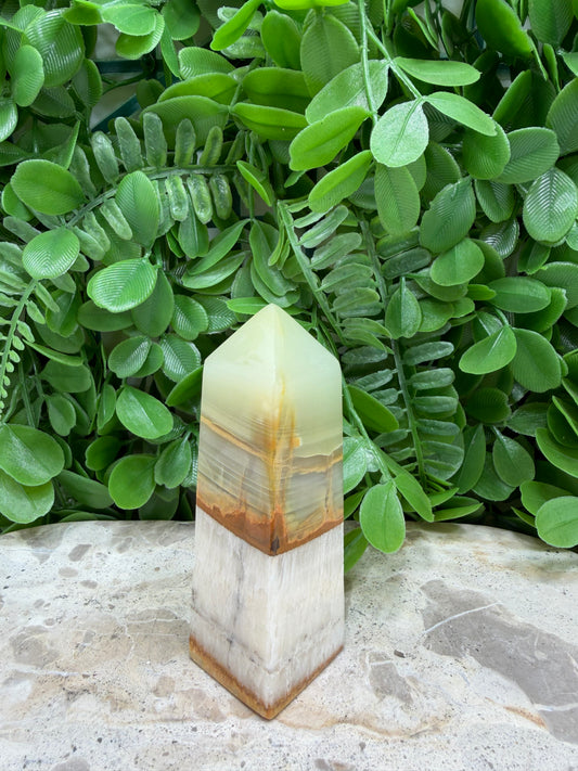 Green Onyx with White Calcite Tower | Protection • Strength • Grounding