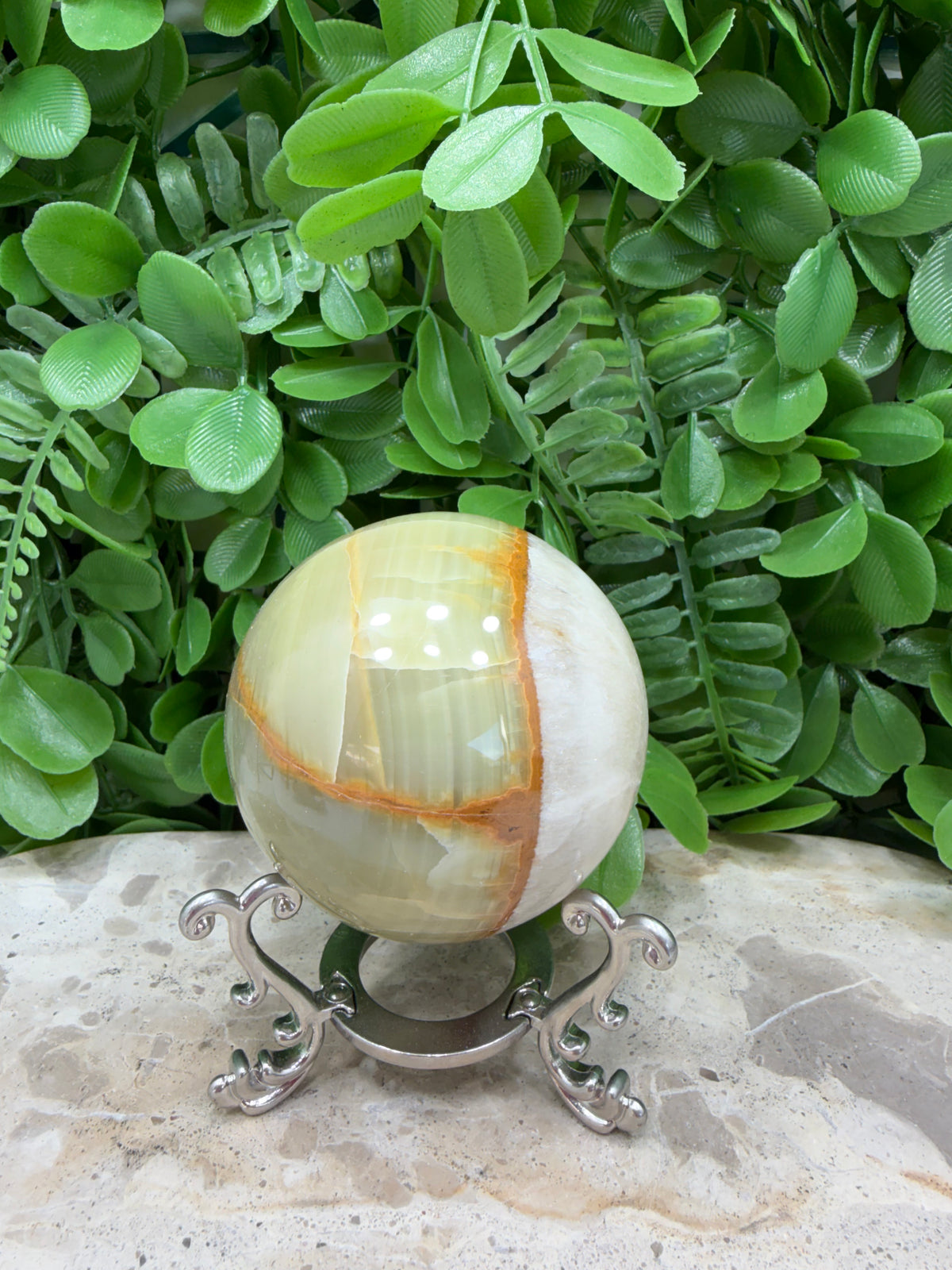 Green Onyx with White Calcite Sphere 368g