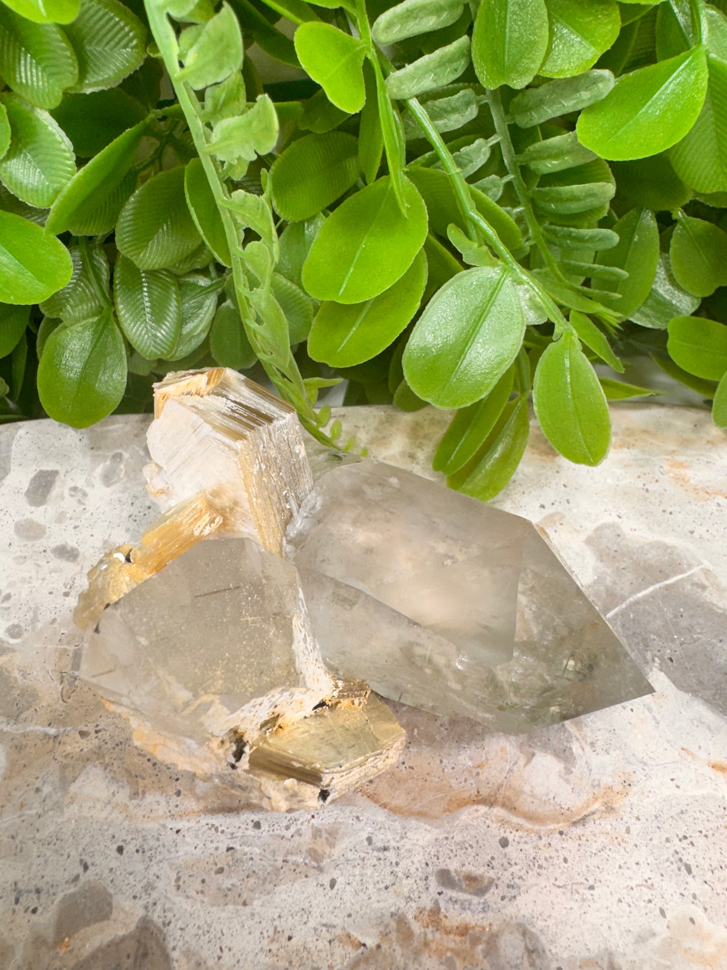 Clear Quartz On Golden Mica With Green Tormaline Rutile 262g
