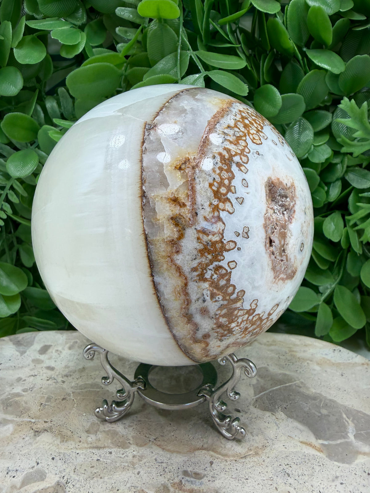 Dendritic Silky White Calcite Sphere 1980g | Calm • Clarity • Balance