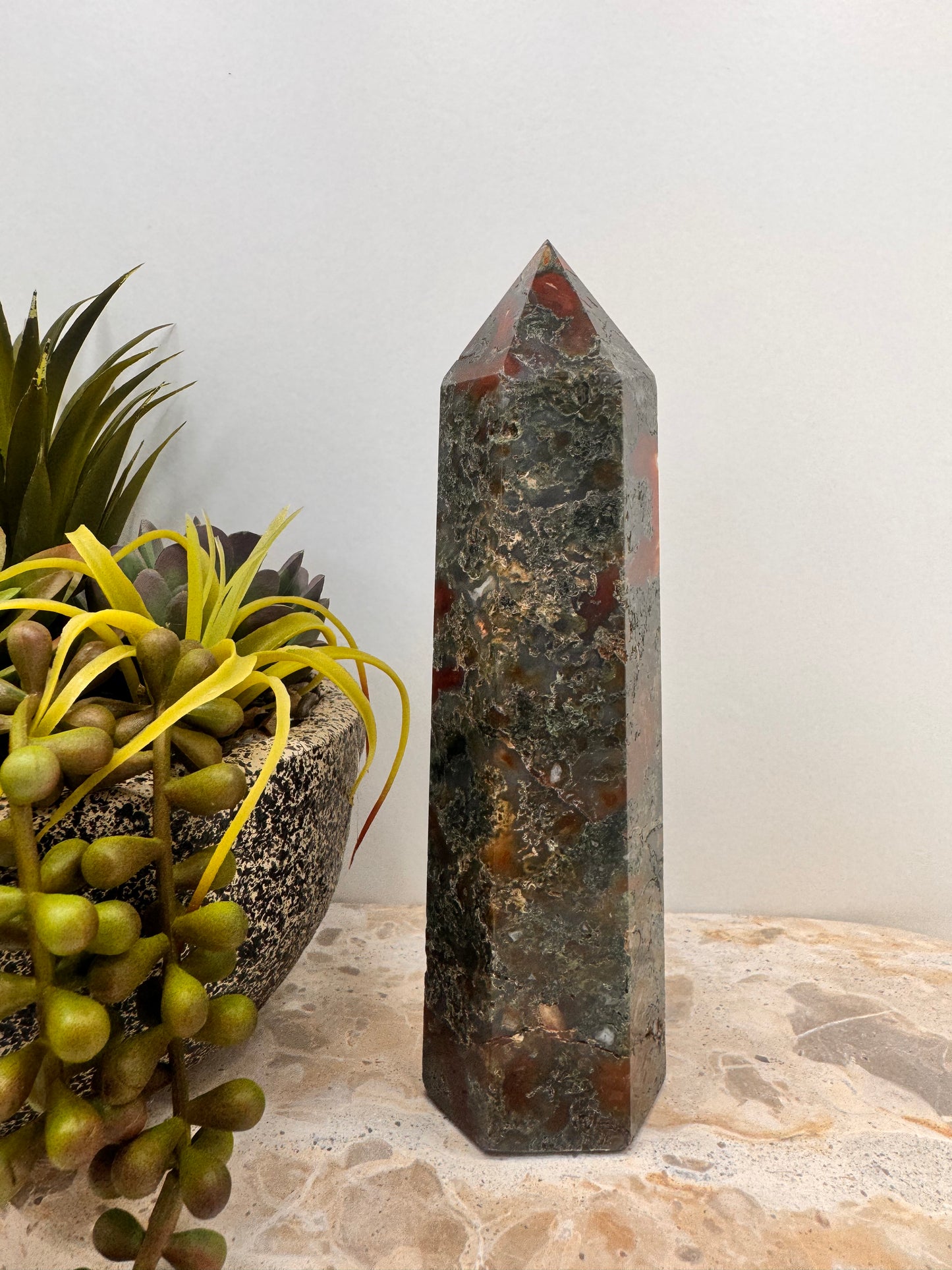 Moss Agate with Carnelian Tower 510g