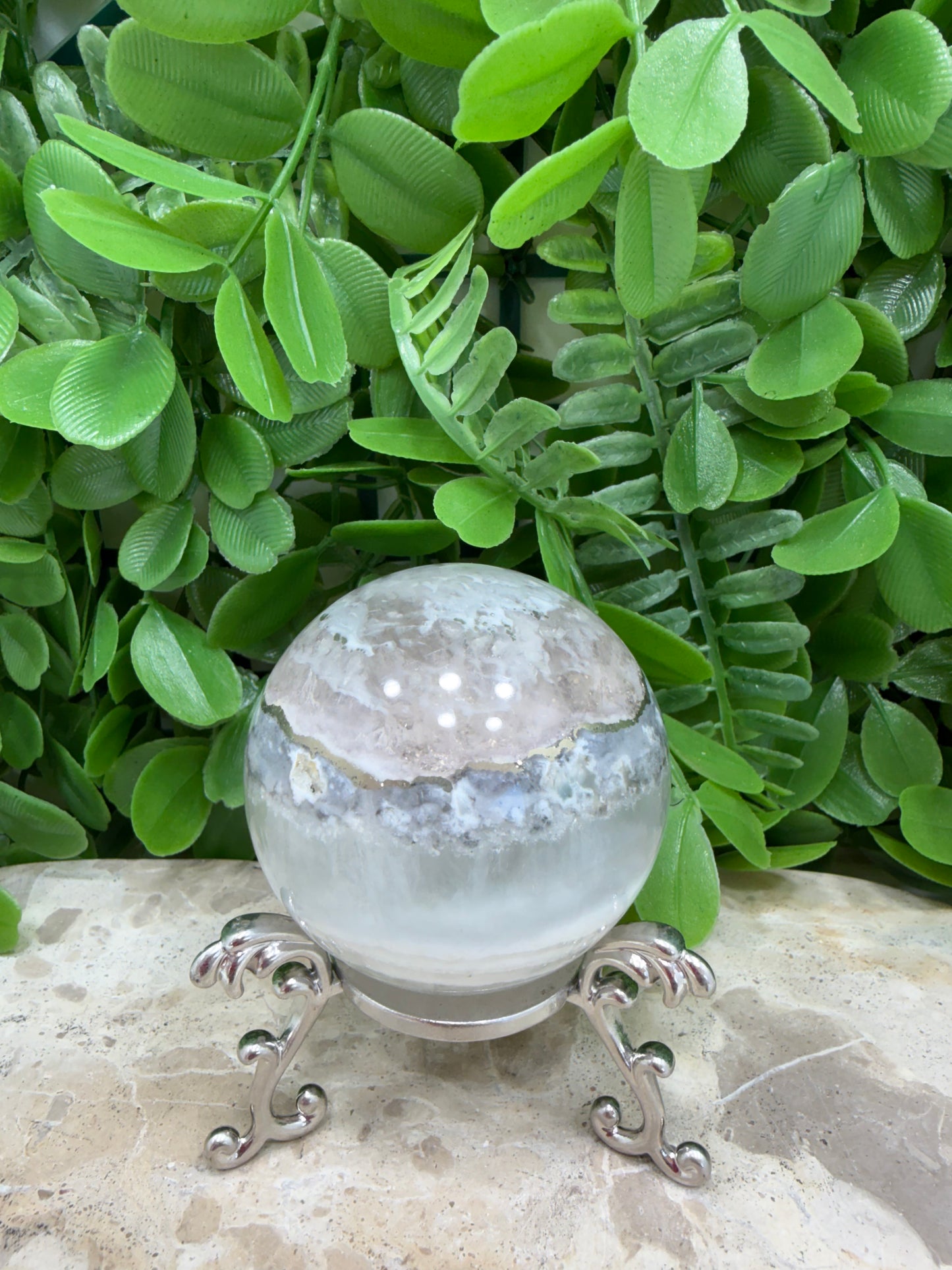 White Fluorite with Pyrite Sphere 302g