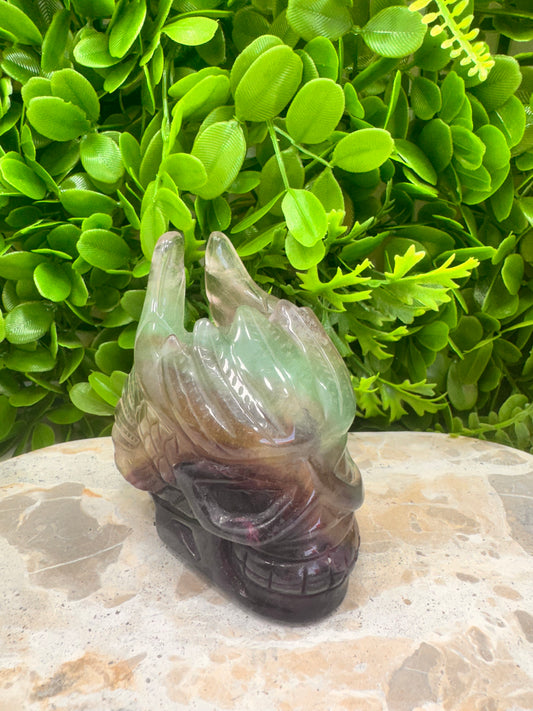Rainbow Fluorite Winged Skull 836g