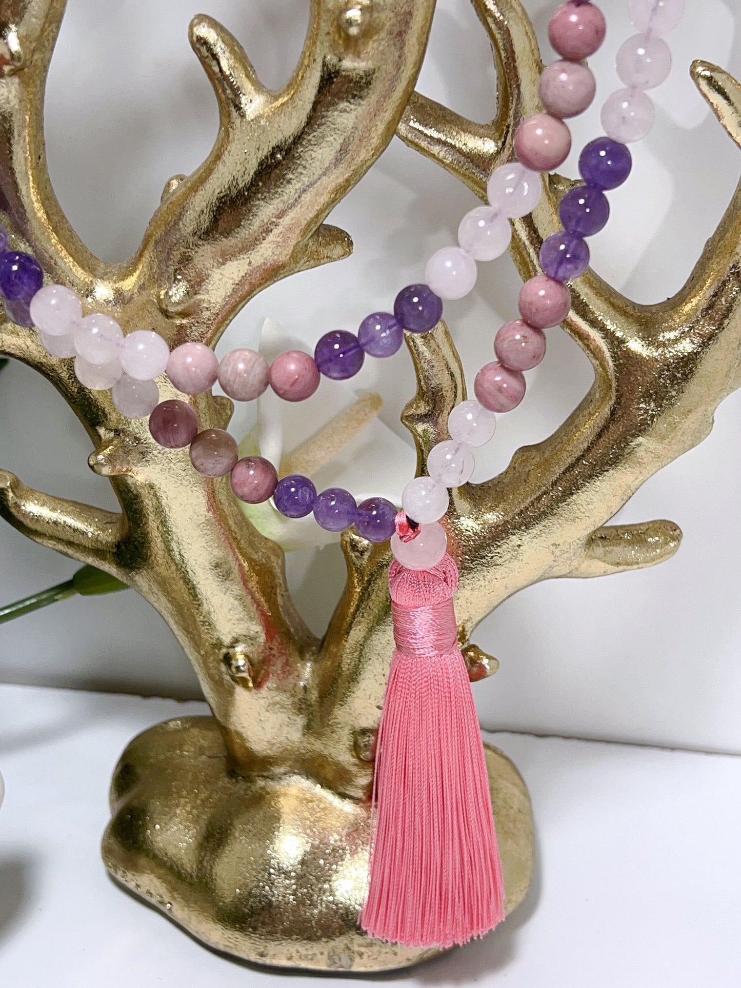 Rose Quartz-Amethyst-rhodochrosite Mala Beads with Pink  Tassel