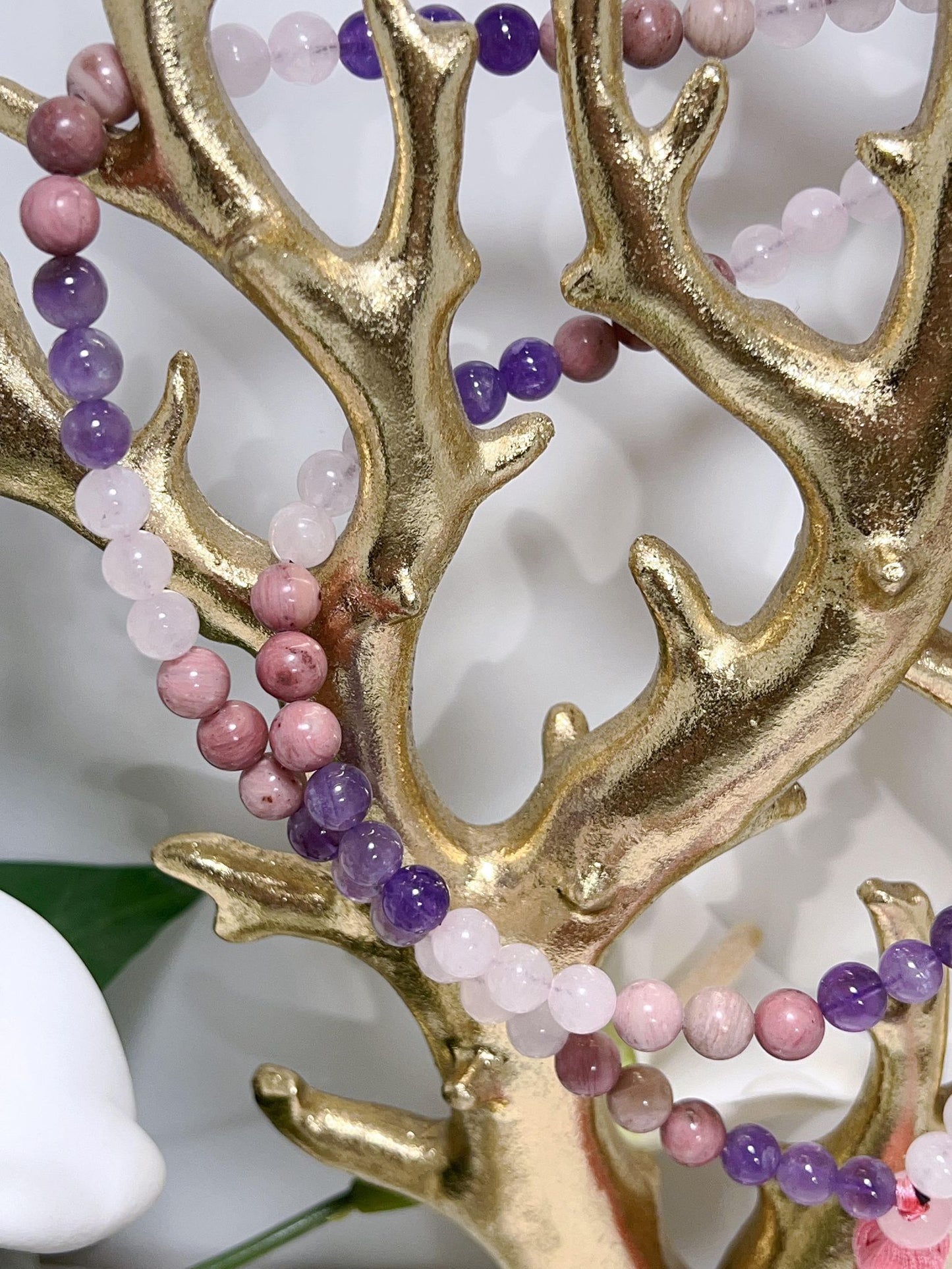Rose Quartz-Amethyst-rhodochrosite Mala Beads with Pink  Tassel