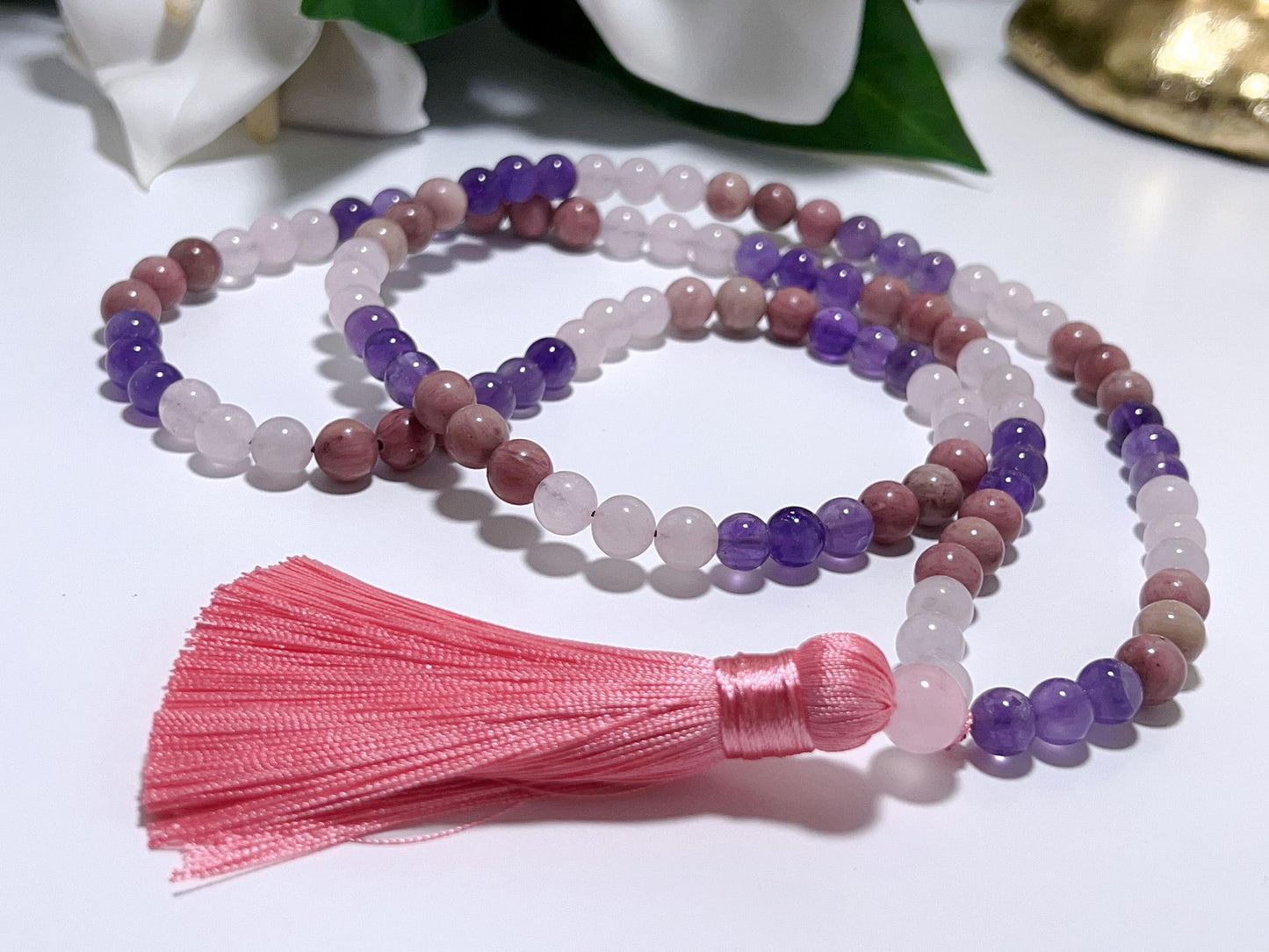 Rose Quartz-Amethyst-rhodochrosite Mala Beads with Pink  Tassel