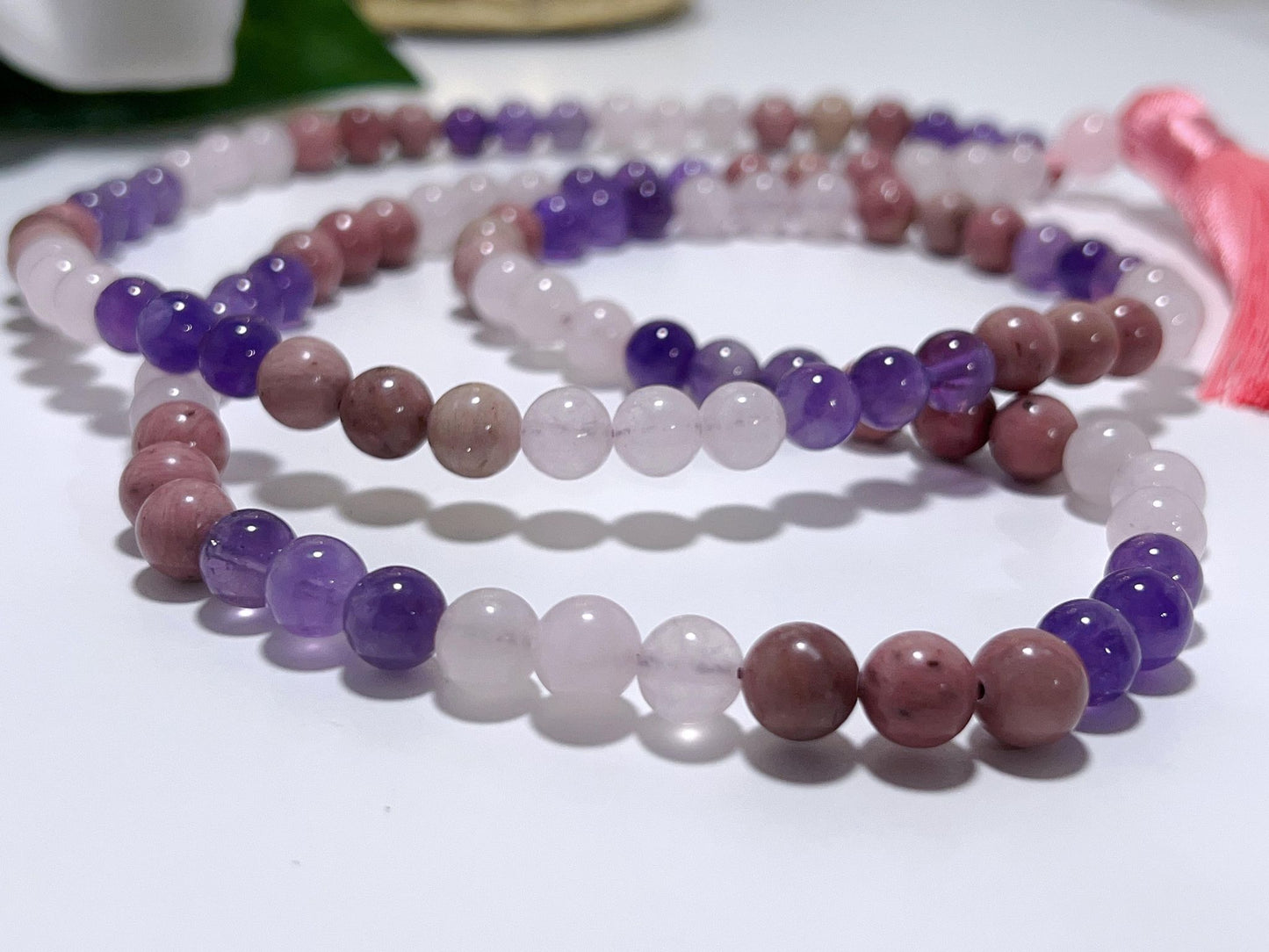 Rose Quartz-Amethyst-rhodochrosite Mala Beads with Pink  Tassel