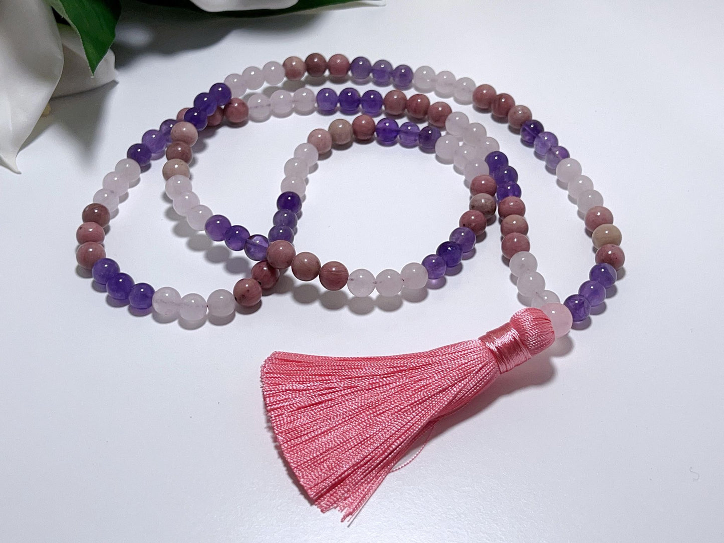 Rose Quartz-Amethyst-rhodochrosite Mala Beads with Pink  Tassel
