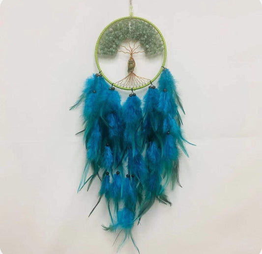 Green Aventurine Owl Dreamcatcher with Black and Turquoise feathers