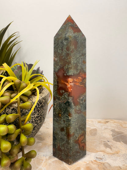 Moss Agate with Carnelian Tower 510g