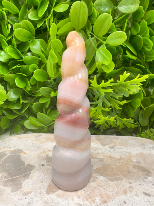 Pink Pistachio Calcite Unicorn Tower 236g