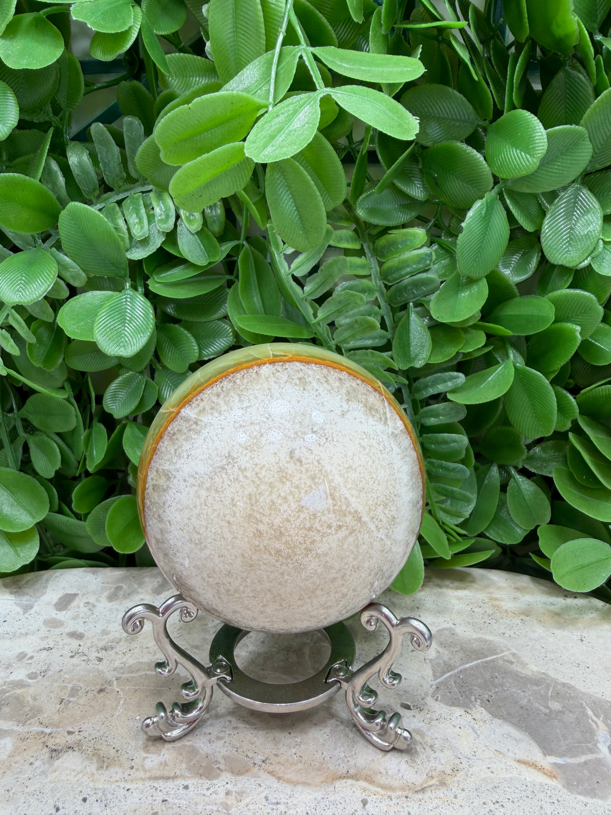 Green Onyx with White Calcite Sphere 456g