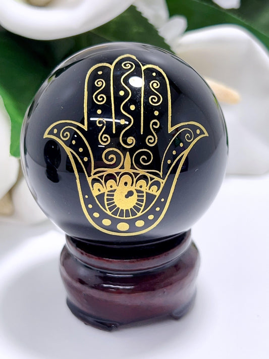 Obsidian Gold Hamsa Hand Sphere 290g