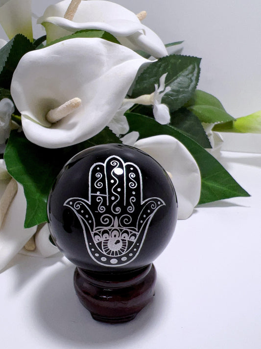 Obsidian Silver Hamsa Hand Sphere