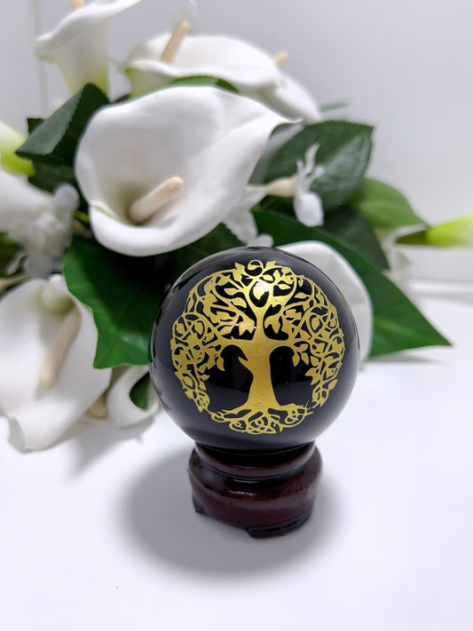 Obsidian Gold Tree of Life Sphere