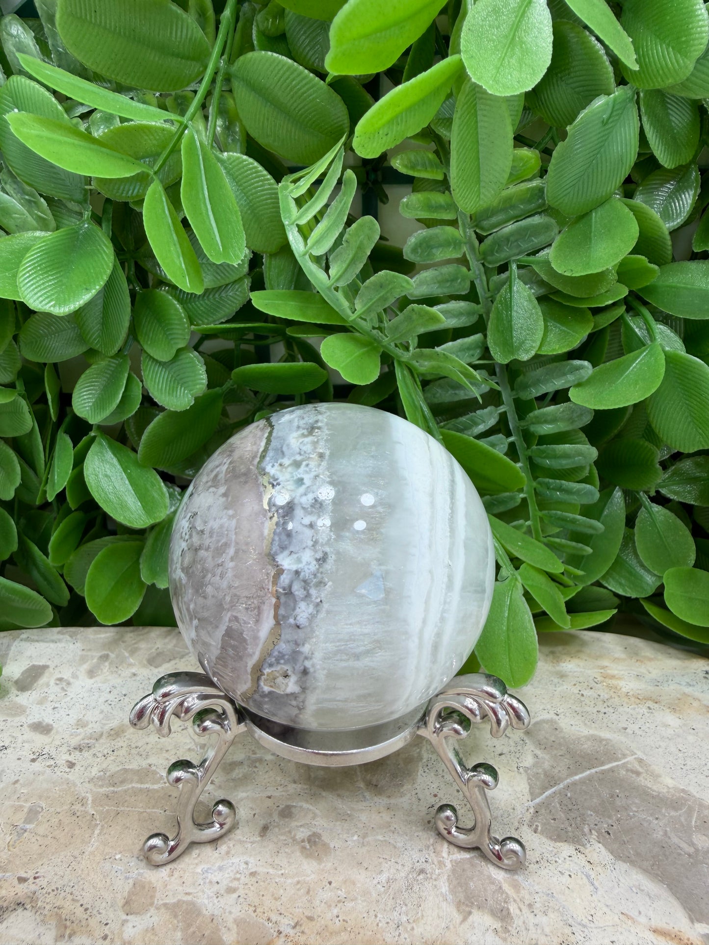 White Fluorite with Pyrite Sphere 302g