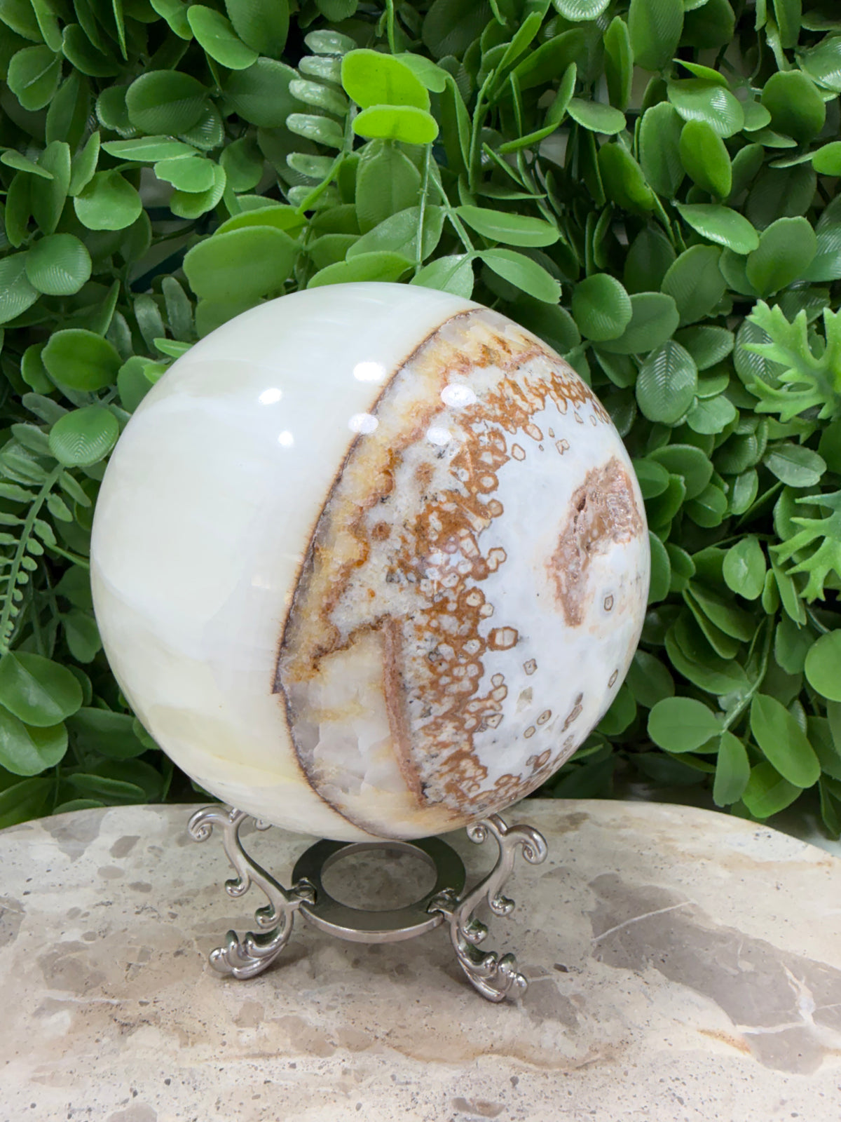 Dendritic Silky White Calcite Sphere 1980g | Calm • Clarity • Balance