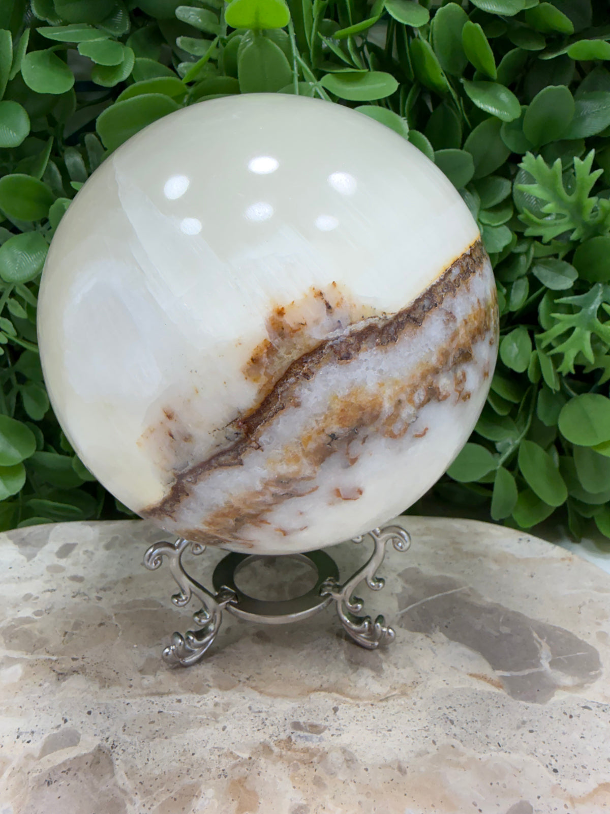 Dendritic Silky White Calcite Sphere 2472g | Calm • Clarity • Balance